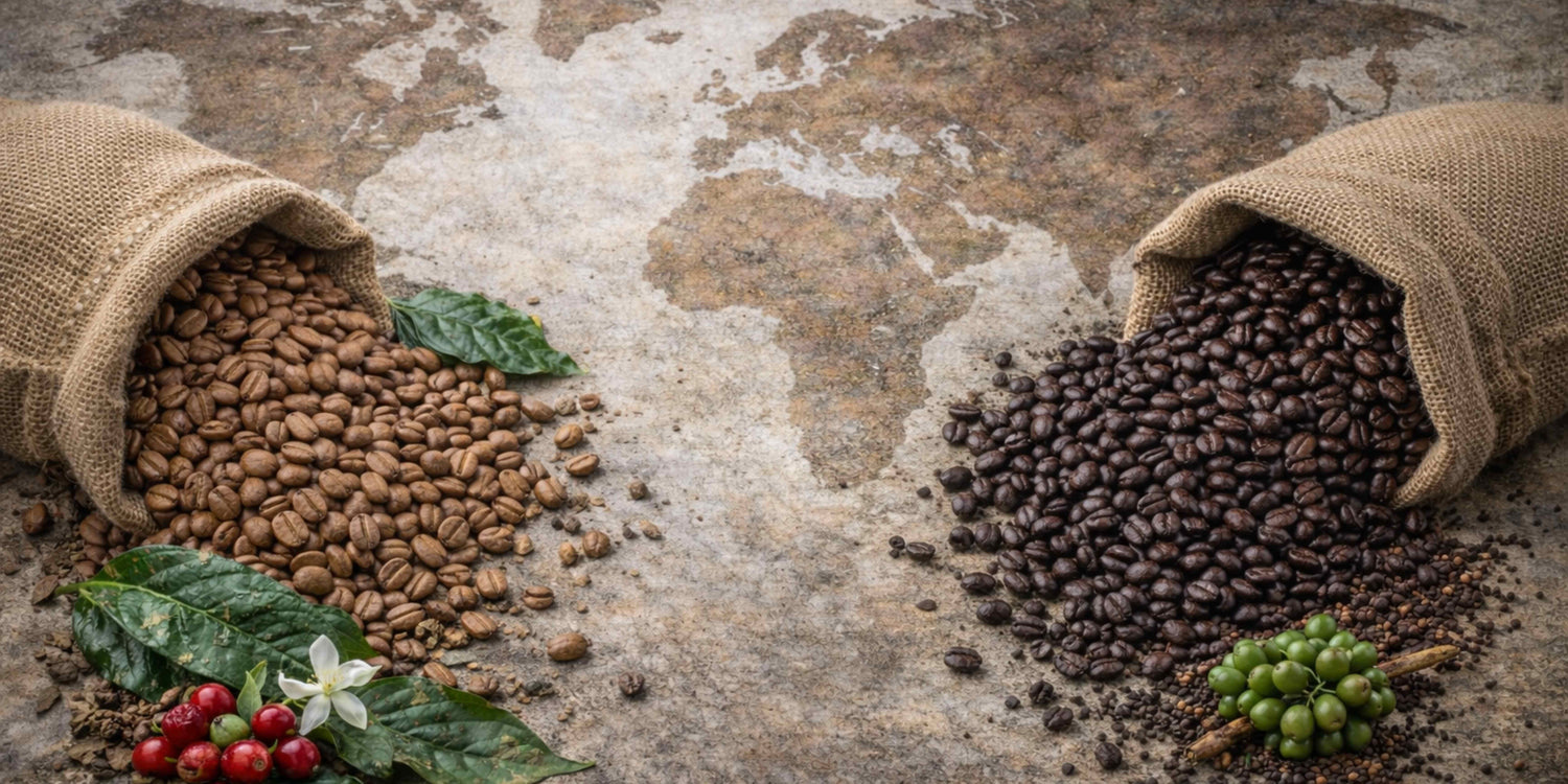 Arabica vs Robusta coffee beans comparison with two burlap sacks spilling lighter Arabica beans and darker Robusta beans on a vintage world map, surrounded by coffee cherries and leaves to illustrate differences between the two coffee varieties.