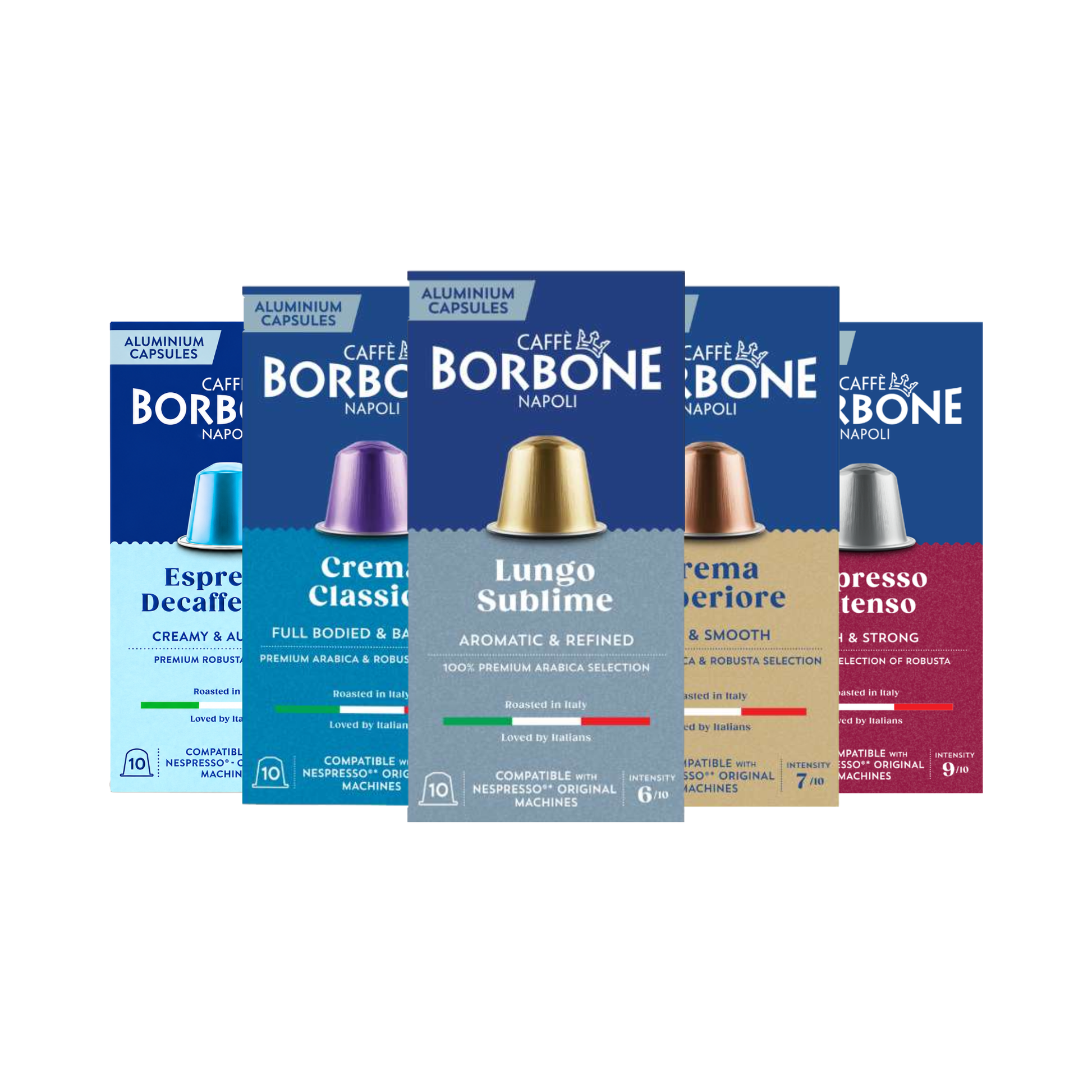 Caffè Borbone Nespresso Compatible Coffee Capsules Italian Espresso for Cafés, Offices, Hotels, Hospitality and Home Coffee with 5 blends including Lungo Sublime, Crema Superiore, Crema Classica, Decaffeinato and Intenso