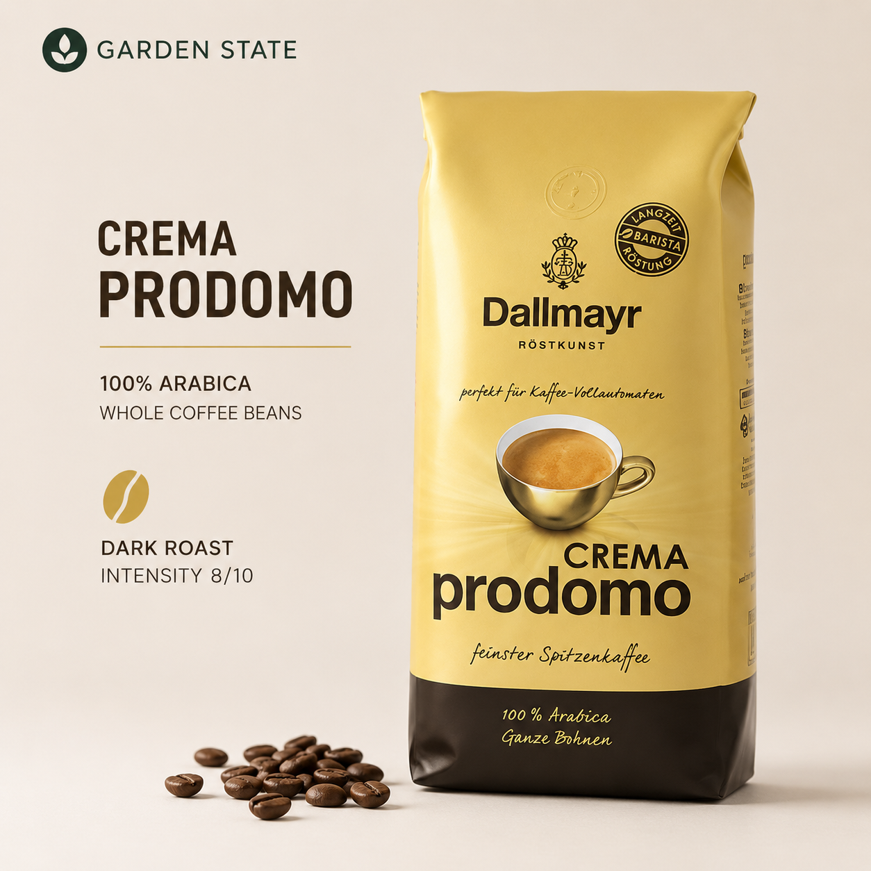 GardenState, Dallmayr Crema Prodomo 1KG whole bean coffee – 100% Arabica blend, low acidity. Wholesale coffee suplly for businesses.