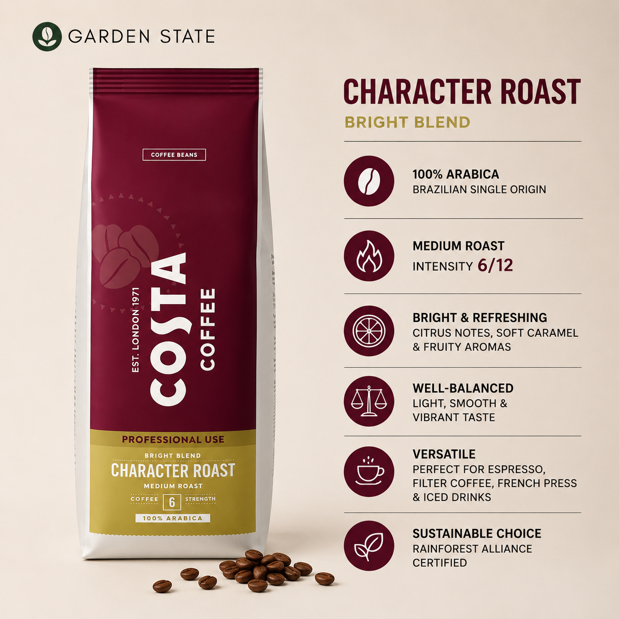 GardenState Costa Coffee Bright Blend Character Roast 1kg medium roast coffee beans, intensity 6/12. 100% Arabica.