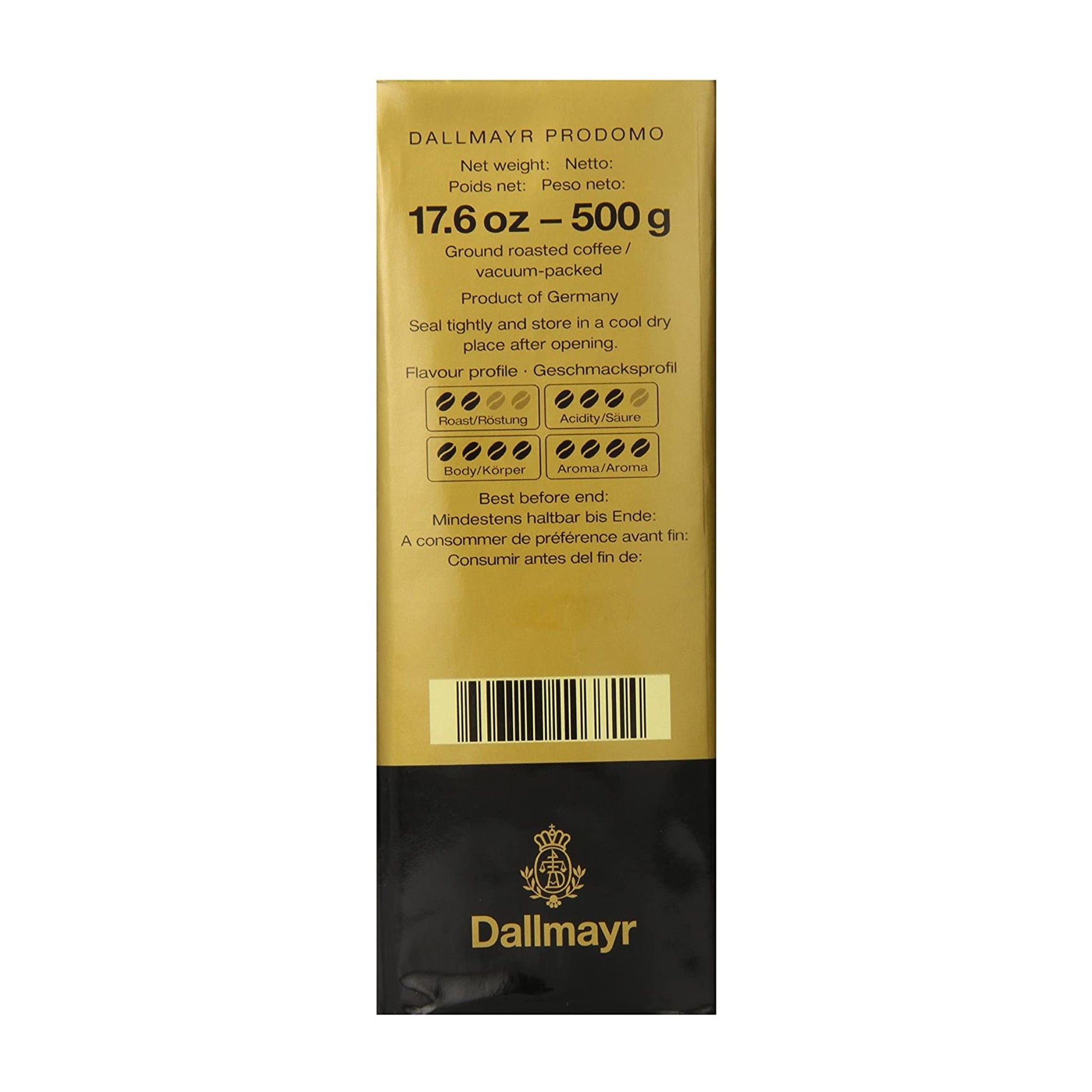 GardenState, Dallmayr Prodomo Roast & Ground Coffee 500g, 100% Arabica, medium roast, intensity 6/10. Smooth and full-flavored, roasted in Germany. Ideal for cafés, offices, and premium retail.