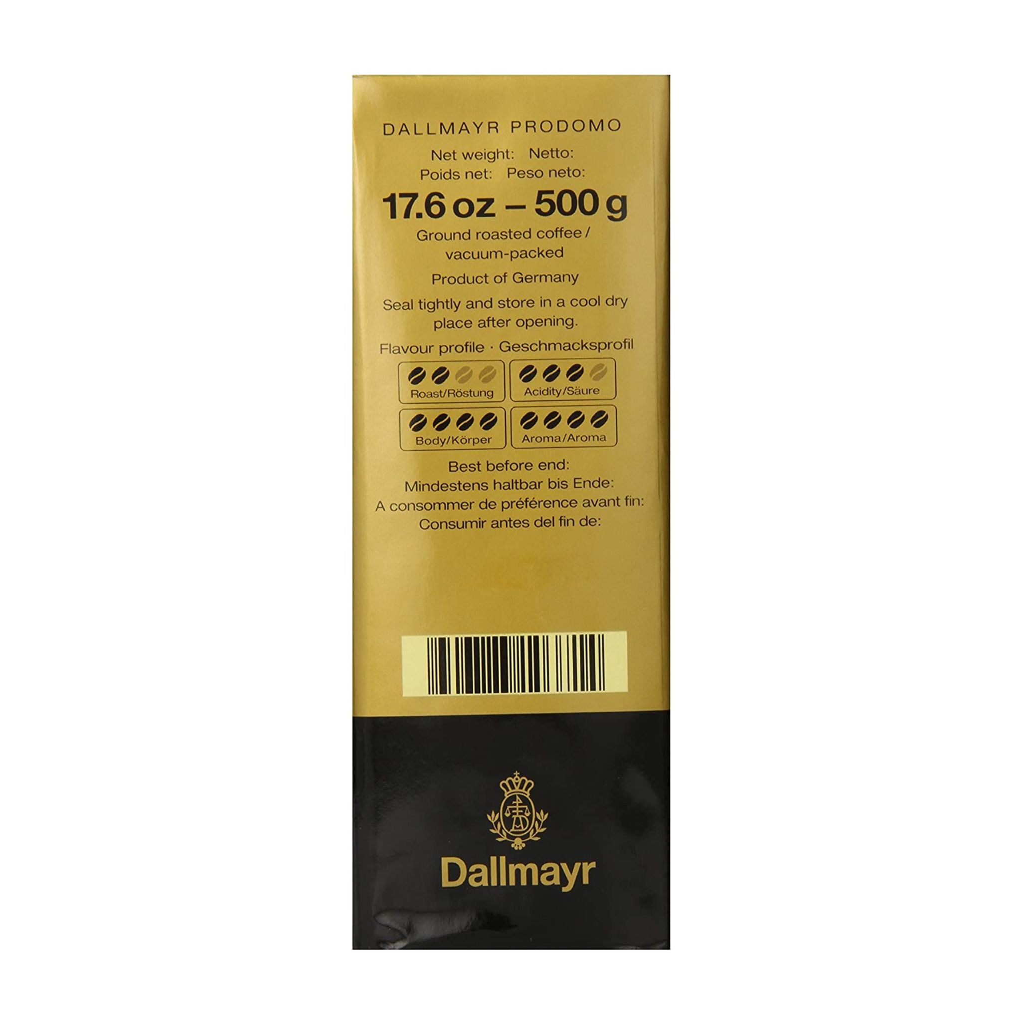 GardenState, Dallmayr Prodomo Roast & Ground Coffee 500g, 100% Arabica, medium roast, intensity 6/10. Smooth and full-flavored, roasted in Germany. Ideal for cafés, offices, and premium retail.