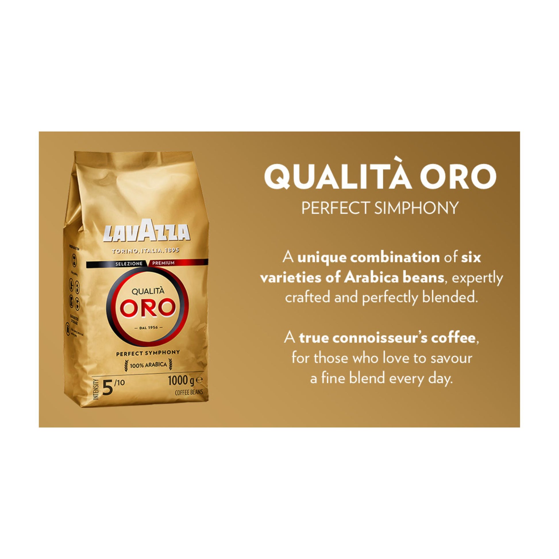 Lavazza Qualità Oro Whole Coffee Beans (1kg) – 100% Arabica, Medium Roast, 5/10 Intensity. A premium blend from Central & South America with floral, fruity, and honey notes. Smooth, aromatic, and ideal for espresso and milk-based coffee.