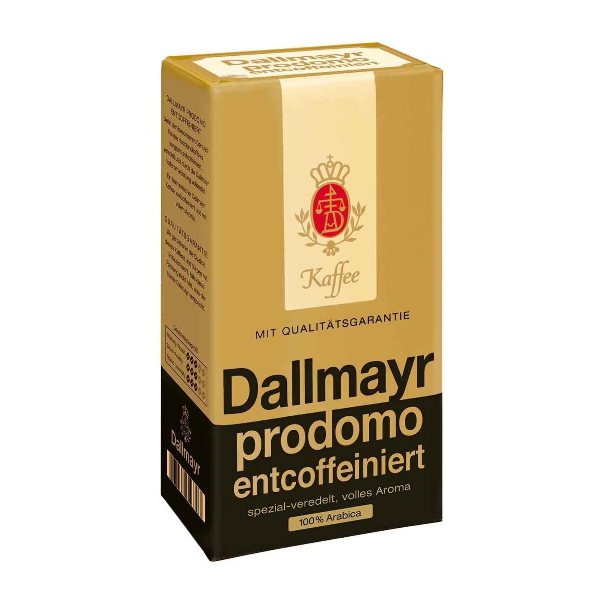 GardenState, Dallmayr Prodomo Decaffeinated Ground Coffee 500g, 100% Arabica, medium roast, intensity 6/10. Smooth and caffeine-free. Roasted in Germany. Ideal decaf for businesses, offices and hospitality.