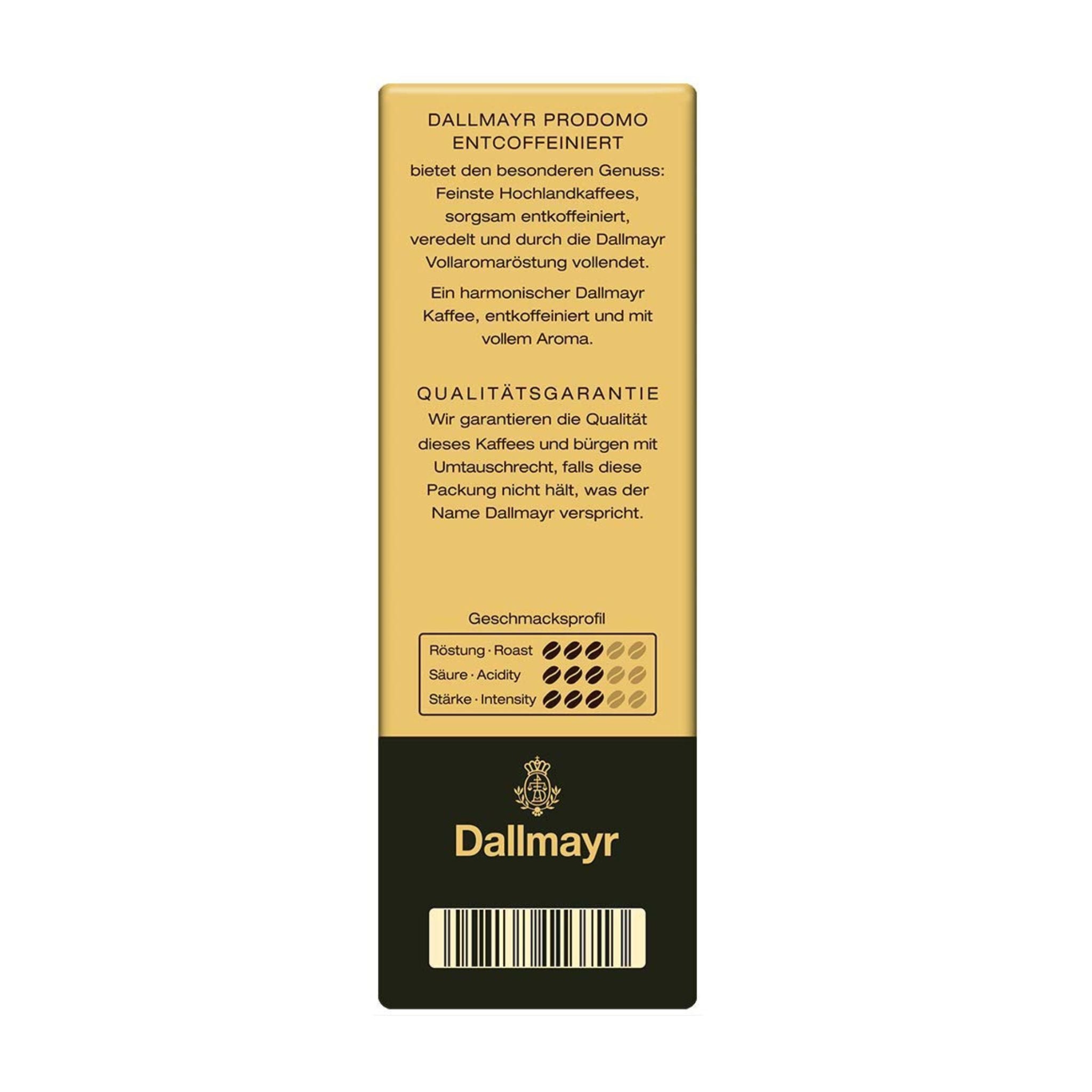 GardenState, Dallmayr Prodomo Decaffeinated Ground Coffee 500g, 100% Arabica, medium roast, intensity 6/10. Smooth and caffeine-free. Roasted in Germany. Ideal decaf for businesses, offices and hospitality.