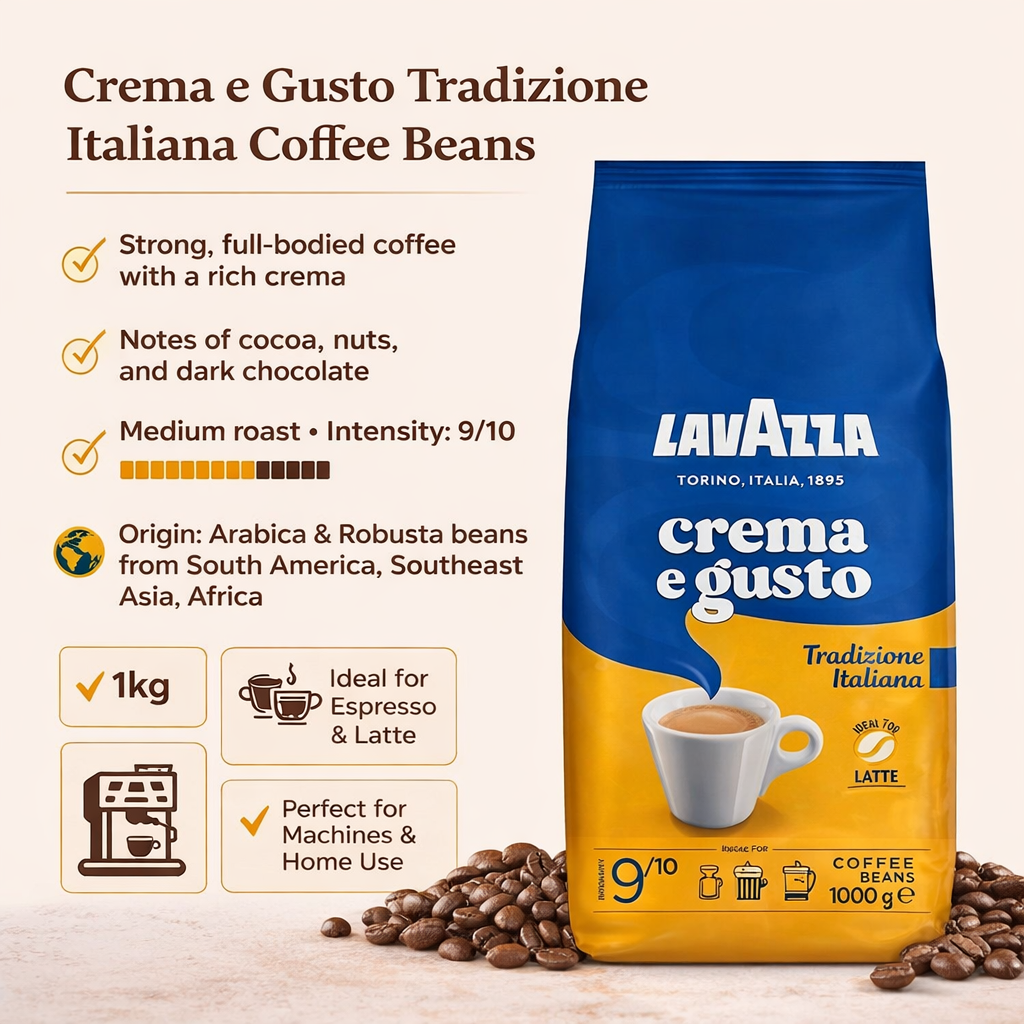 Crema e Gusto Tradizione Italiana coffee beans 1kg medium roast strong cocoa nutty blend Singapore office coffee