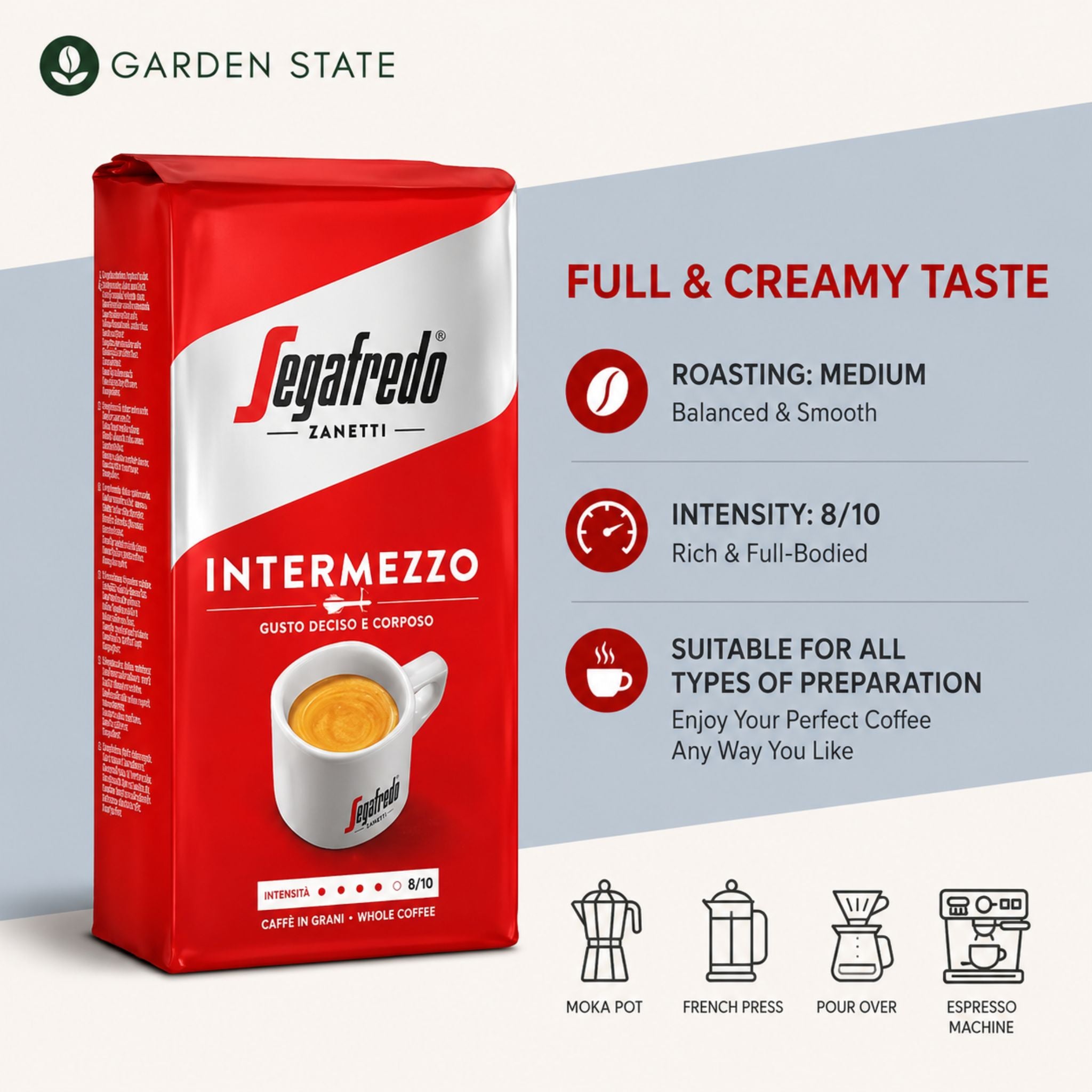 GardenState, Segafredo Zanetti Intermezzo Ground Coffee. Full bodied premium Italian Espresso blend, perfect for maritime supply. 