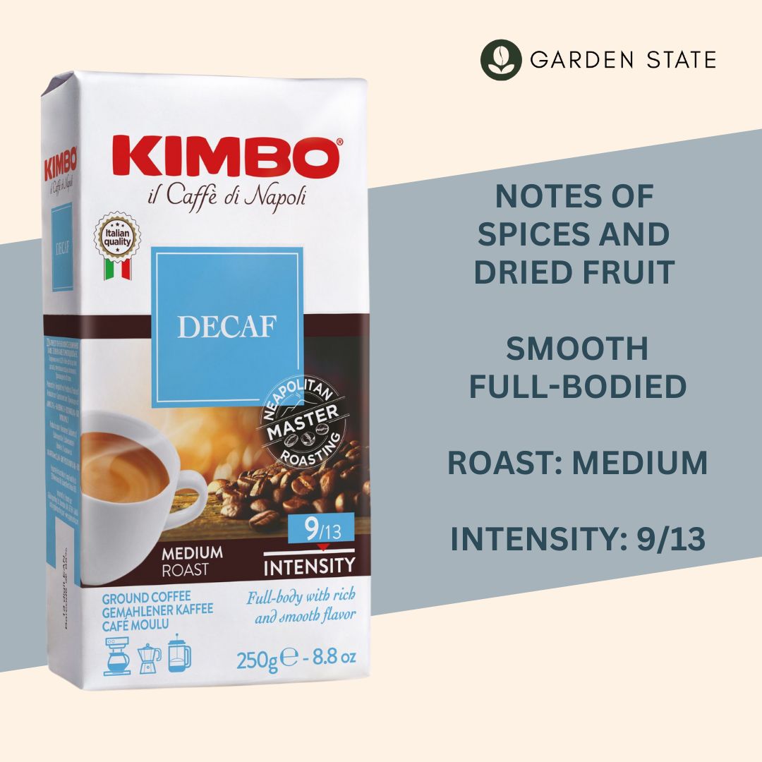 GardenState, Kimbo Decaf Ground Coffee 250g – Italian medium roast Arabica Robusta decaffeinated blend with chestnut and spicy flavors, ideal for cafés, hotels, restaurants and office coffee supply in Singapore.
