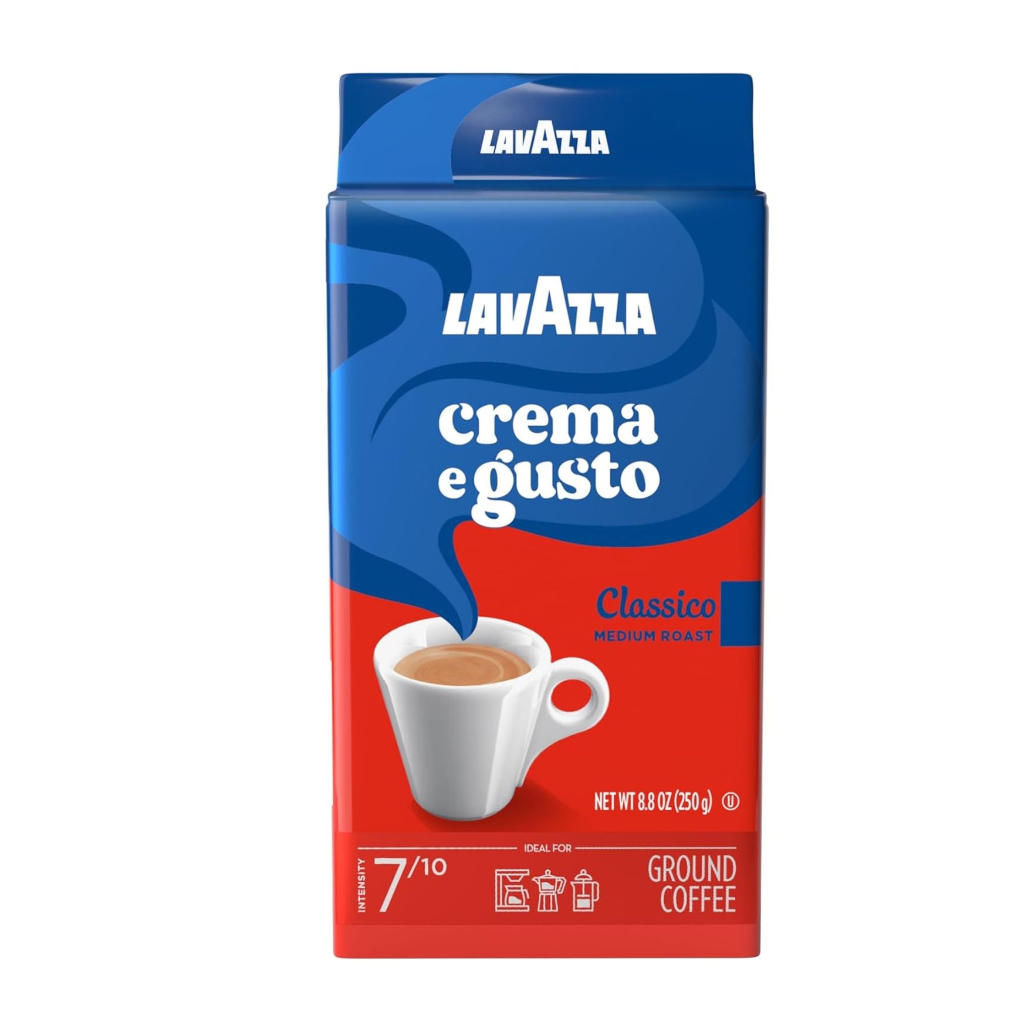 GardenState, Lavazza Crema e Gusto Classico Ground Coffee, dark roast with 7/10 intensity, featuring a blend of Brazilian Arabica and South East Asian Robusta. The coffee offers a rounded, spicy flavor with amber crema, ideal for Moka pots, filter methods, and drip machines. 250g pack for fresh, aromatic taste, perfect for coffee shops, offices, and restaurants.