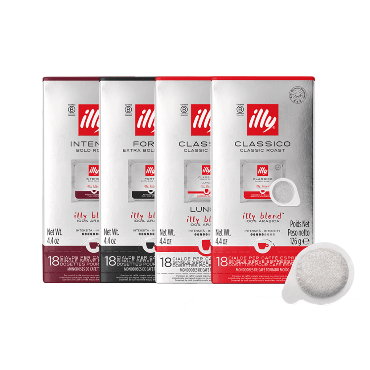 illy E.S.E. coffee pods featuring Classico, Intenso, Forte and Classico Lungo varieties