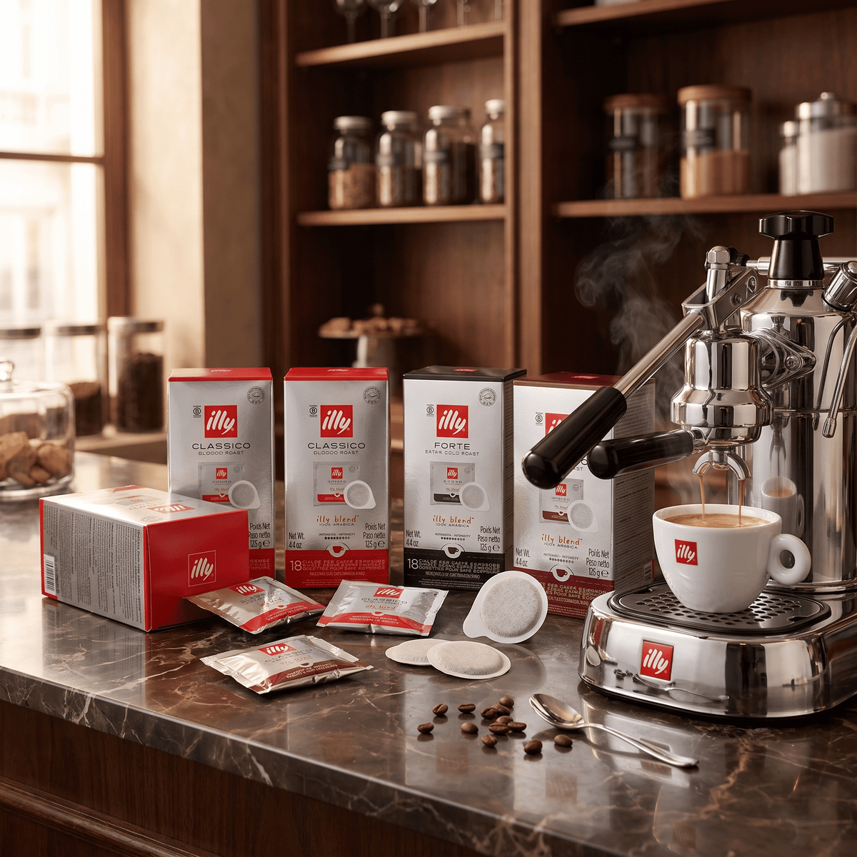 illy E.S.E. coffee pods with freshly brewed Italian espresso and premium E.S.E. coffee pads