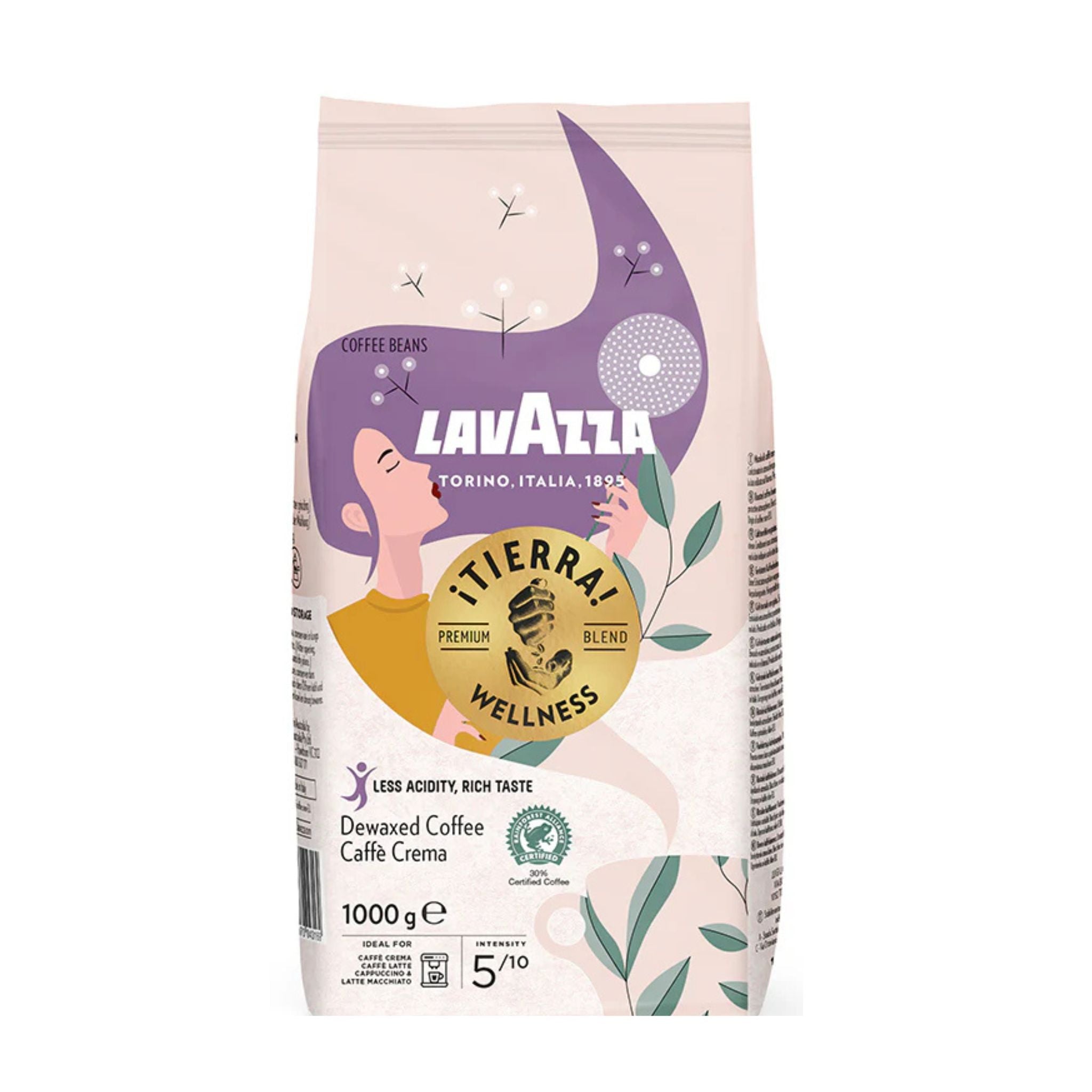 GardenState, Lavazza Tierra Wellness Whole Bean Coffee (1kg) – Premium low-acidity espresso with a smooth, balanced flavor. Ideal for cafés, restaurants, hotels, and offices. Medium roast (5/10 intensity), crafted from high-quality Arabica and Robusta beans sourced from South America and Africa. Specially dewaxed for reduced acidity while preserving rich aroma and delicate nutty notes. Roasted in Italy, 100% pure coffee, nut-free, and perfect for professional espresso machines. 