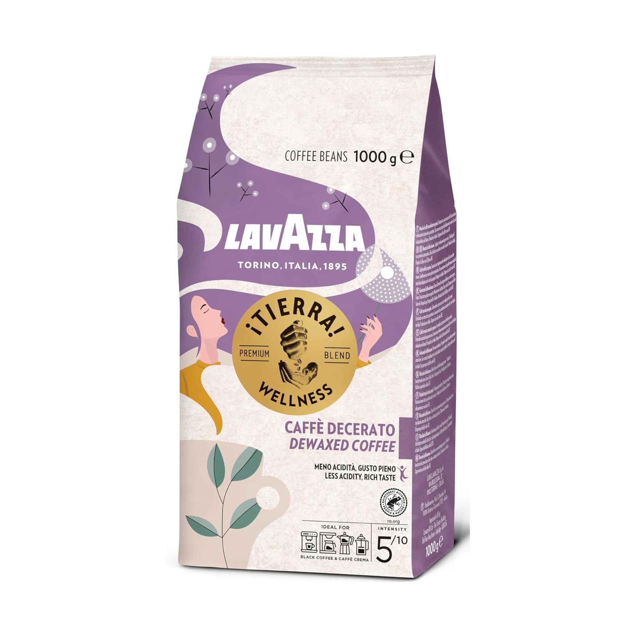 GardenState, Lavazza Tierra Wellness Whole Bean Coffee (1kg) – Premium low-acidity espresso with a smooth, balanced flavor. Ideal for cafés, restaurants, hotels, and offices. Medium roast (5/10 intensity), crafted from high-quality Arabica and Robusta beans sourced from South America and Africa. Specially dewaxed for reduced acidity while preserving rich aroma and delicate nutty notes. Roasted in Italy, 100% pure coffee, nut-free, and perfect for professional espresso machines. 