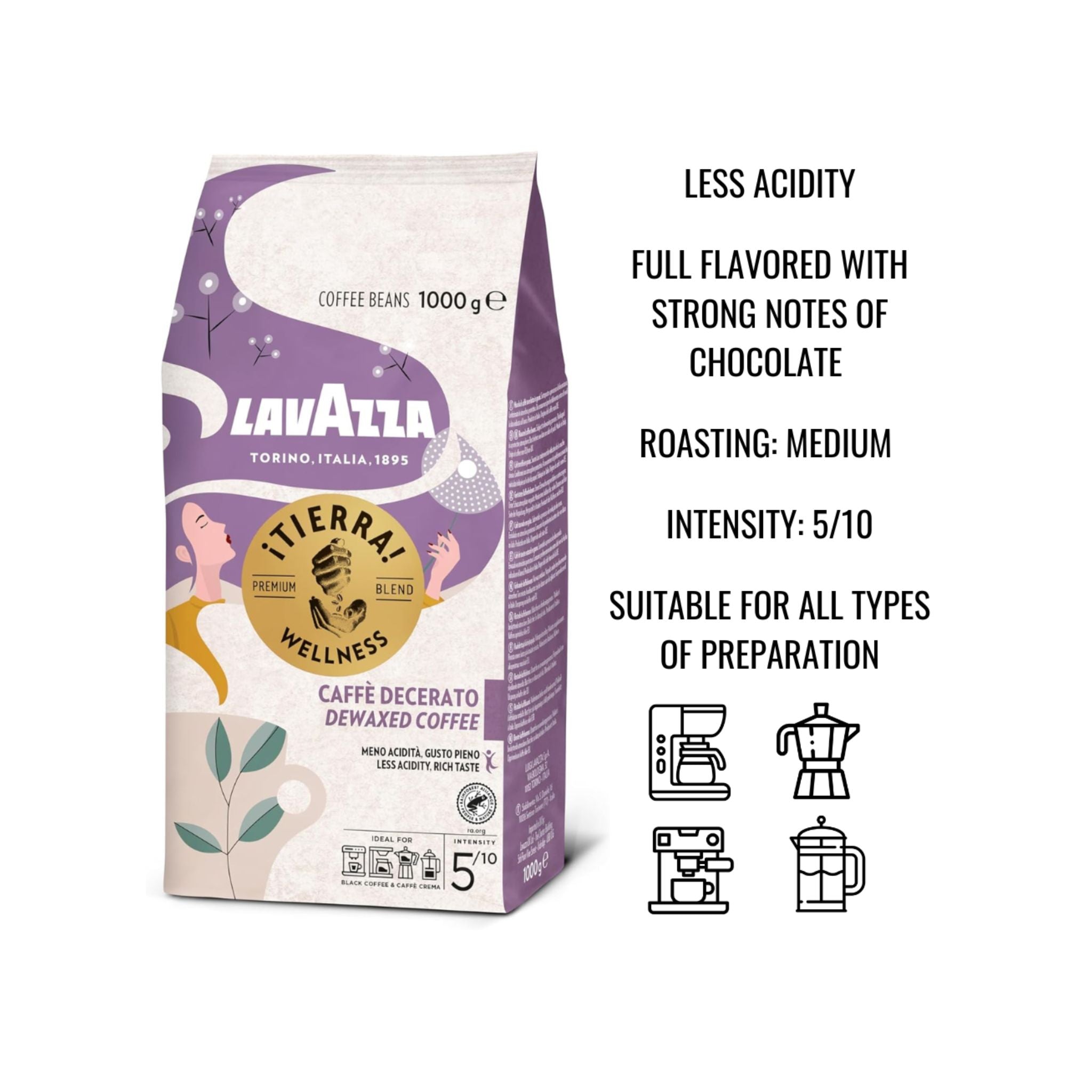 GardenState, Lavazza Tierra Wellness Whole Bean Coffee (1kg) – Premium low-acidity espresso with a smooth, balanced flavor. Ideal for cafés, restaurants, hotels, and offices. Medium roast (5/10 intensity), crafted from high-quality Arabica and Robusta beans sourced from South America and Africa. Specially dewaxed for reduced acidity while preserving rich aroma and delicate nutty notes. Roasted in Italy, 100% pure coffee, nut-free, and perfect for professional espresso machines. 