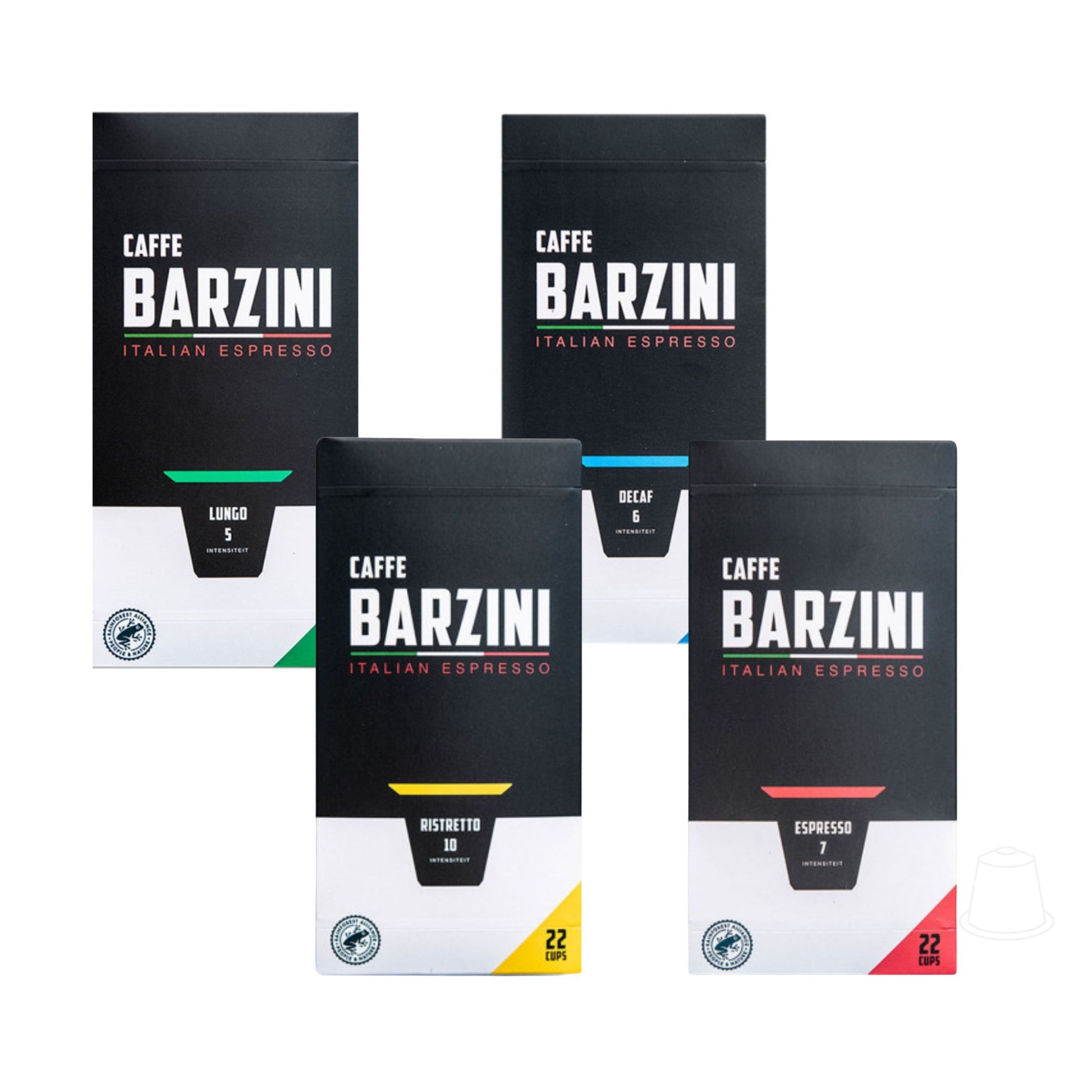 GardenState, Barzini Nespresso Original Compatible Coffee Capsules pack of 22 in 4 variants – Ristretto, Italian Espresso, Lungo, and Decaf – 100 percent Arabica beans, intensity 5 to 10.