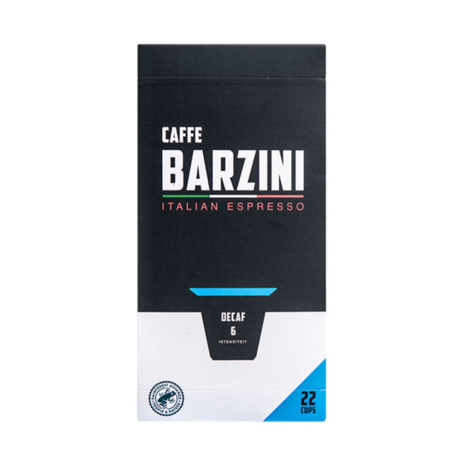 GardenState, Barzini Decaf Nespresso Compatible Capsules – 22-pack, Intensity 6/10, medium-bodied espresso with notes of red fruit and cocoa. Smooth, creamy, and perfect for evening coffee without the caffeine.
