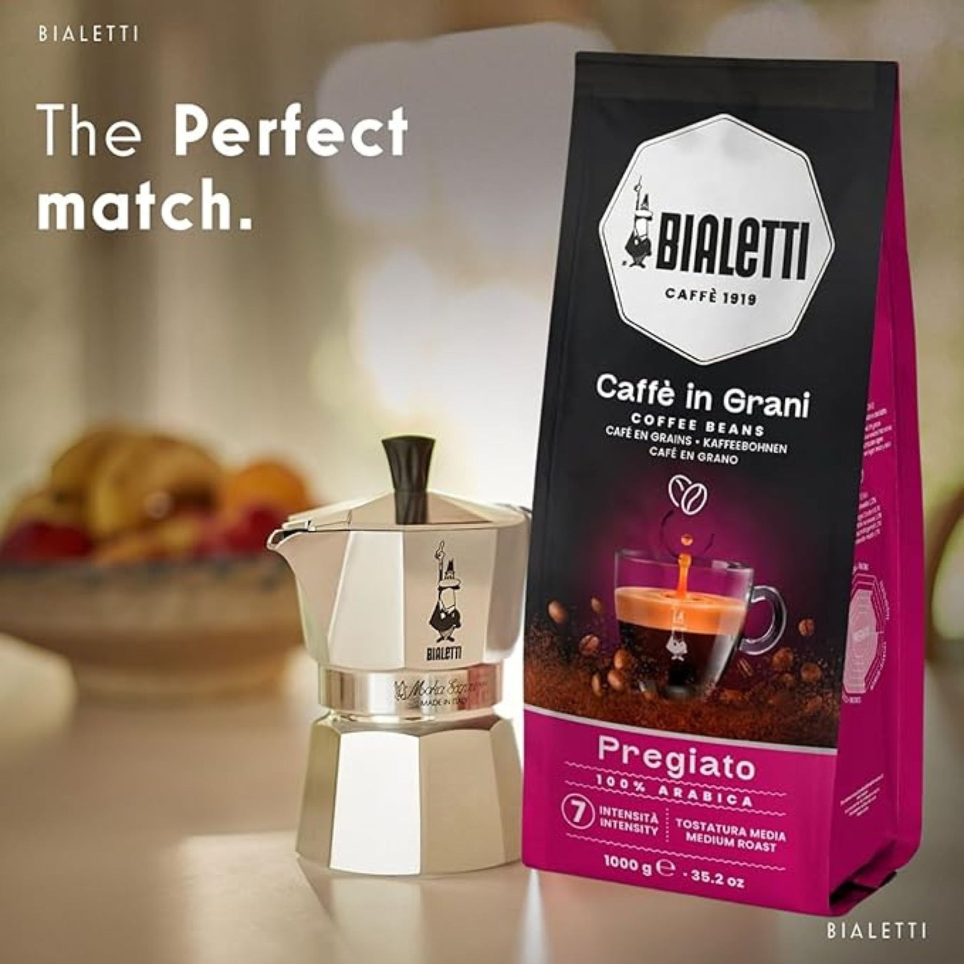 Bialetti Delicato whole coffee beans 1kg medium roast intensity 7 Arabica blend smooth floral coffee Singapore office use