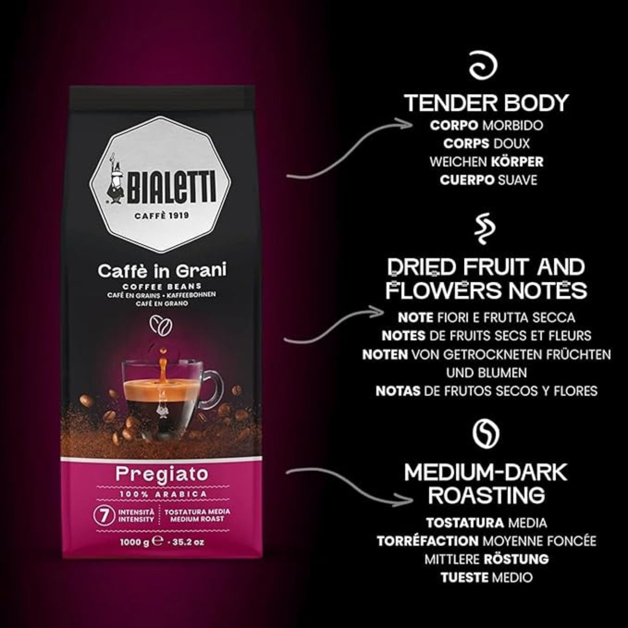 Bialetti Delicato whole coffee beans 1kg medium roast intensity 7 Arabica blend smooth floral coffee Singapore office use