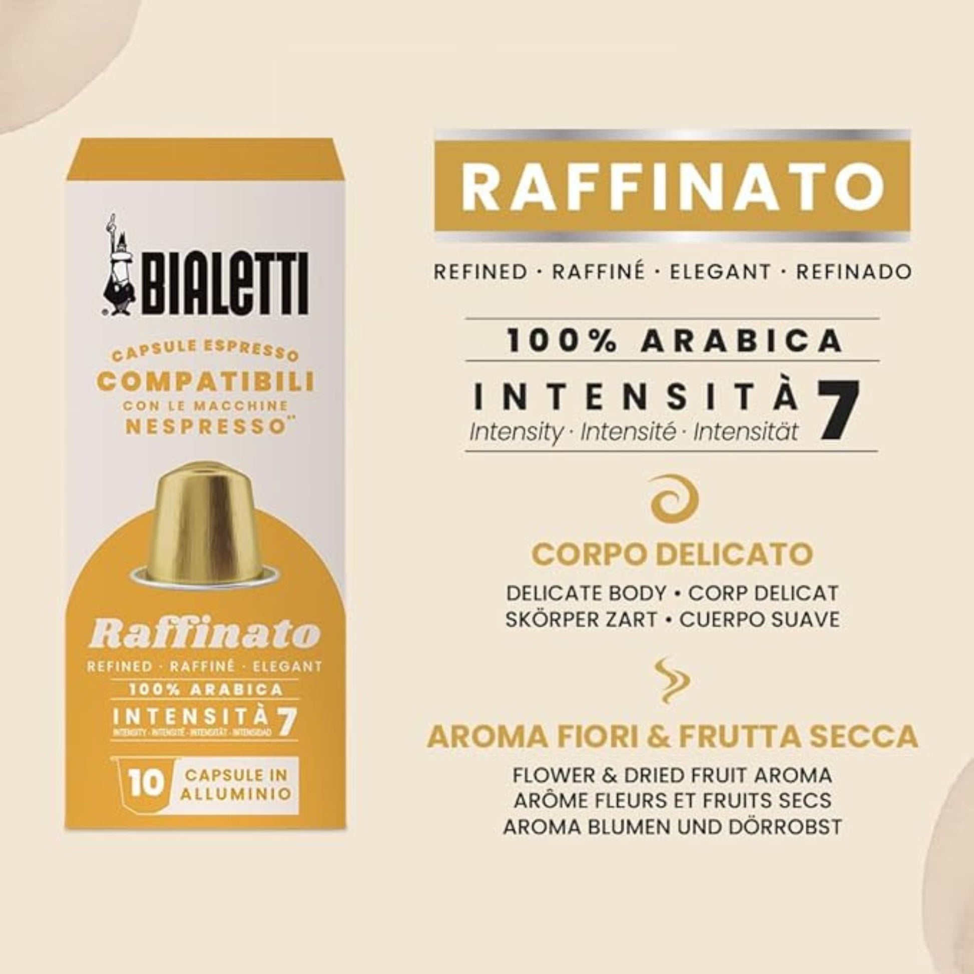 Bialetti Raffinato coffee capsules 10 pack Nespresso compatible smooth chocolate fruity notes medium roast Garden State Singapore B2B coffee supply
