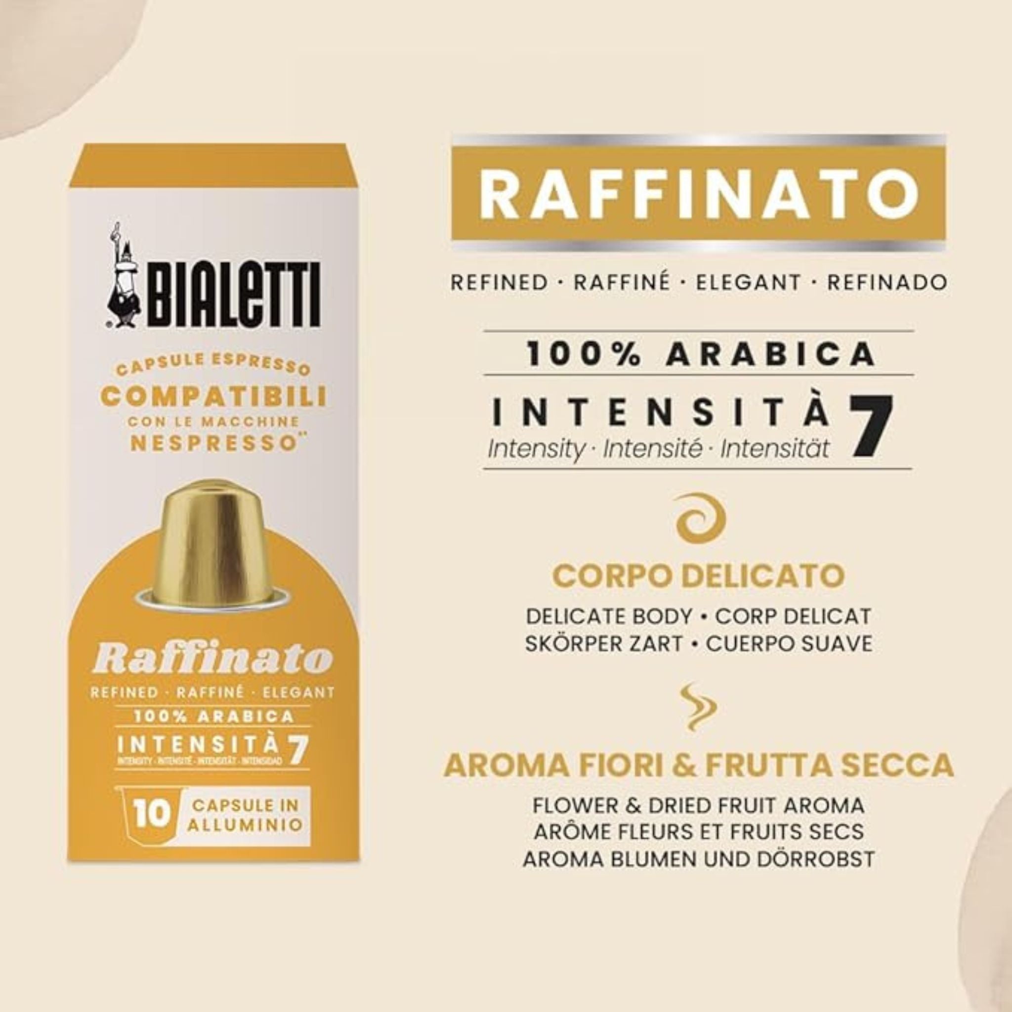 Bialetti Raffinato coffee capsules 10 pack Nespresso compatible smooth chocolate fruity notes medium roast Garden State Singapore B2B coffee supply