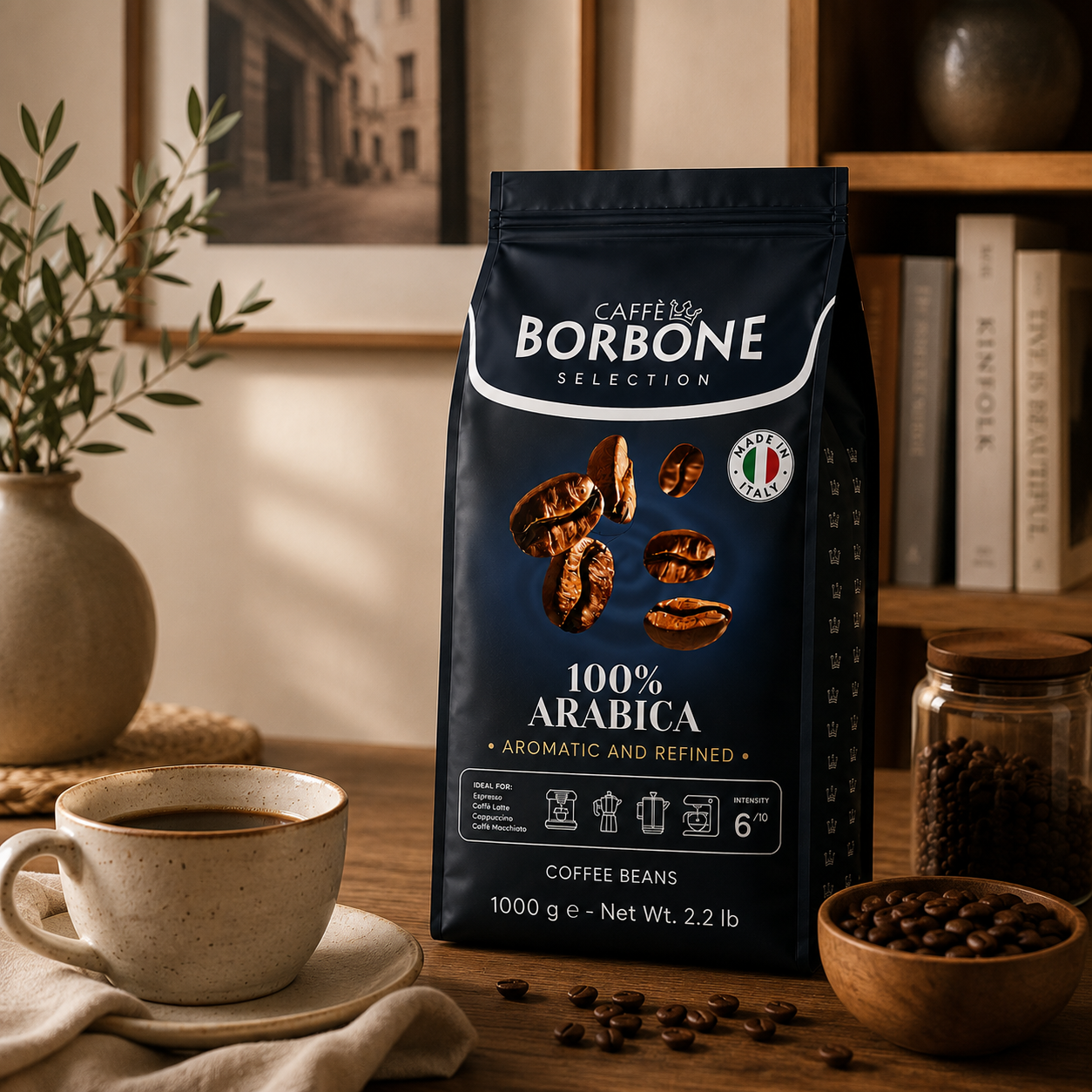 Caffè Borbone 100% Arabica Whole Coffee Beans 1kg for bean to cup machines, office pantry, workplace coffee solutions, hospitality and foodservice operations.