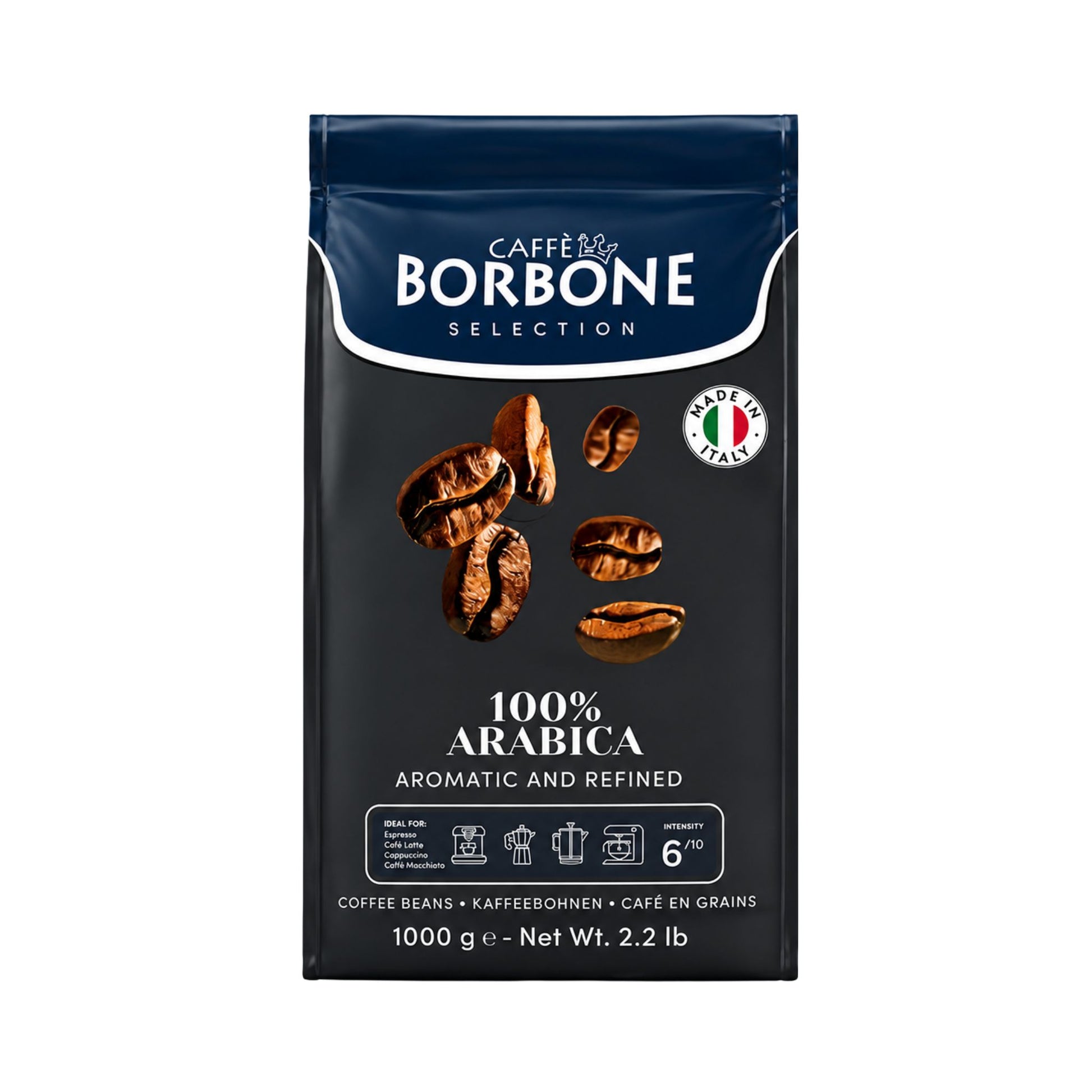Caffè Borbone 100% Arabica Whole Coffee Beans 1kg for bean to cup machines, office pantry, workplace coffee solutions, hospitality and foodservice operations.