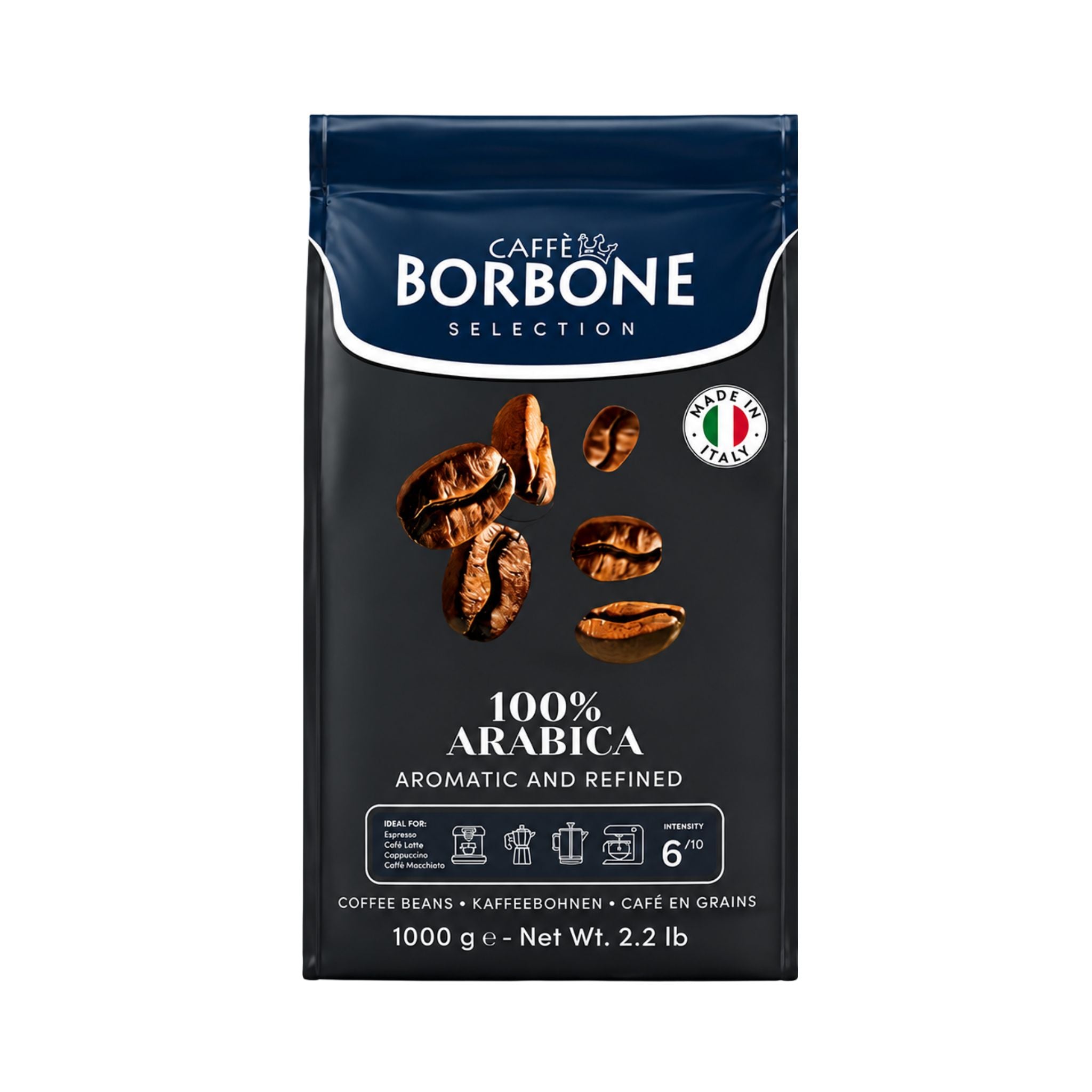 Caffè Borbone 100% Arabica Whole Coffee Beans 1kg for bean to cup machines, office pantry, workplace coffee solutions, hospitality and foodservice operations.