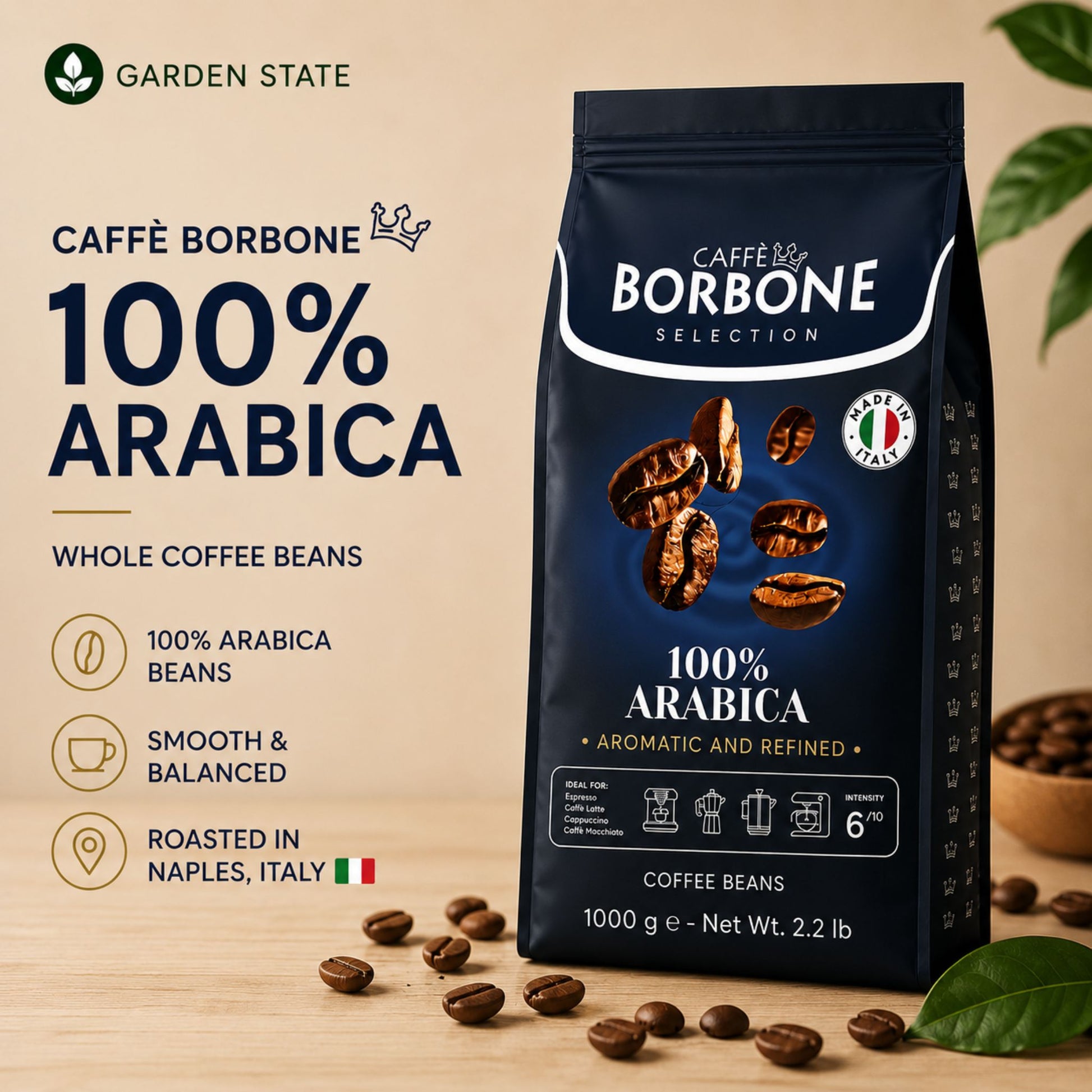 Caffè Borbone 100% Arabica Whole Coffee Beans 1kg for bean to cup machines, office pantry, workplace coffee solutions, hospitality and foodservice operations.