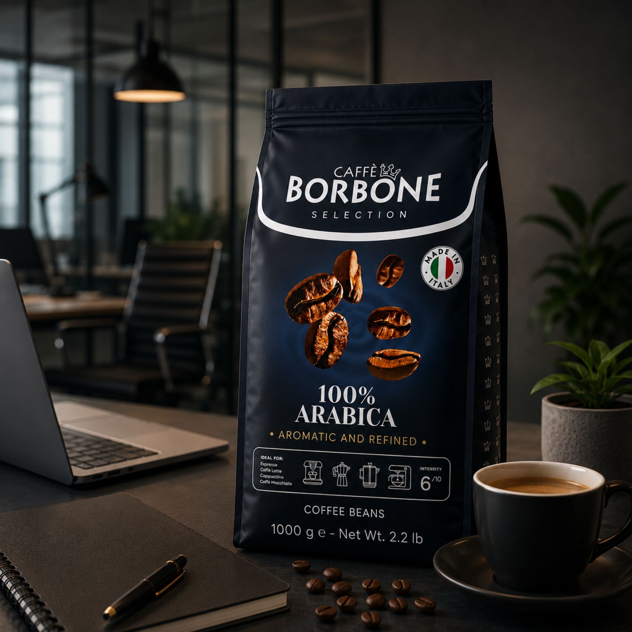Caffè Borbone 100% Arabica Whole Coffee Beans 1kg for bean to cup machines, office pantry, workplace coffee solutions, hospitality and foodservice operations.