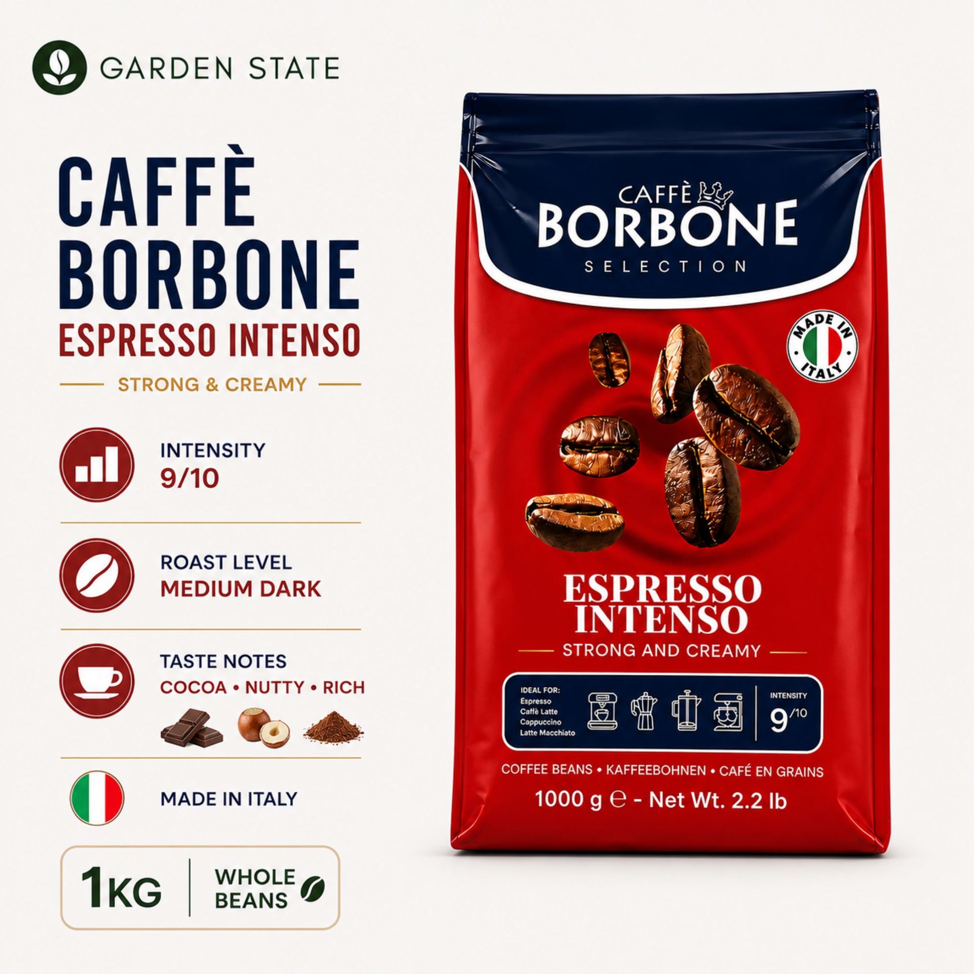 Caffè Borbone Espresso Intenso 1kg whole coffee beans for co-working spaces, corporate offices, hotels, executive lounges and commercial bean-to-cup coffee machines.