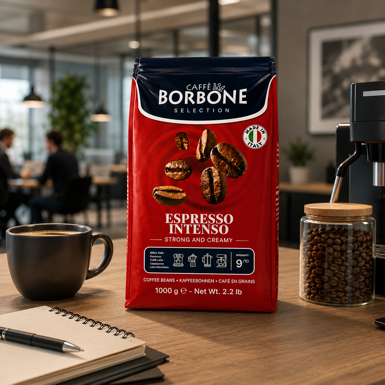 Caffè Borbone Espresso Intenso 1kg whole coffee beans for co-working spaces, corporate offices, hotels, executive lounges and commercial bean-to-cup coffee machines.