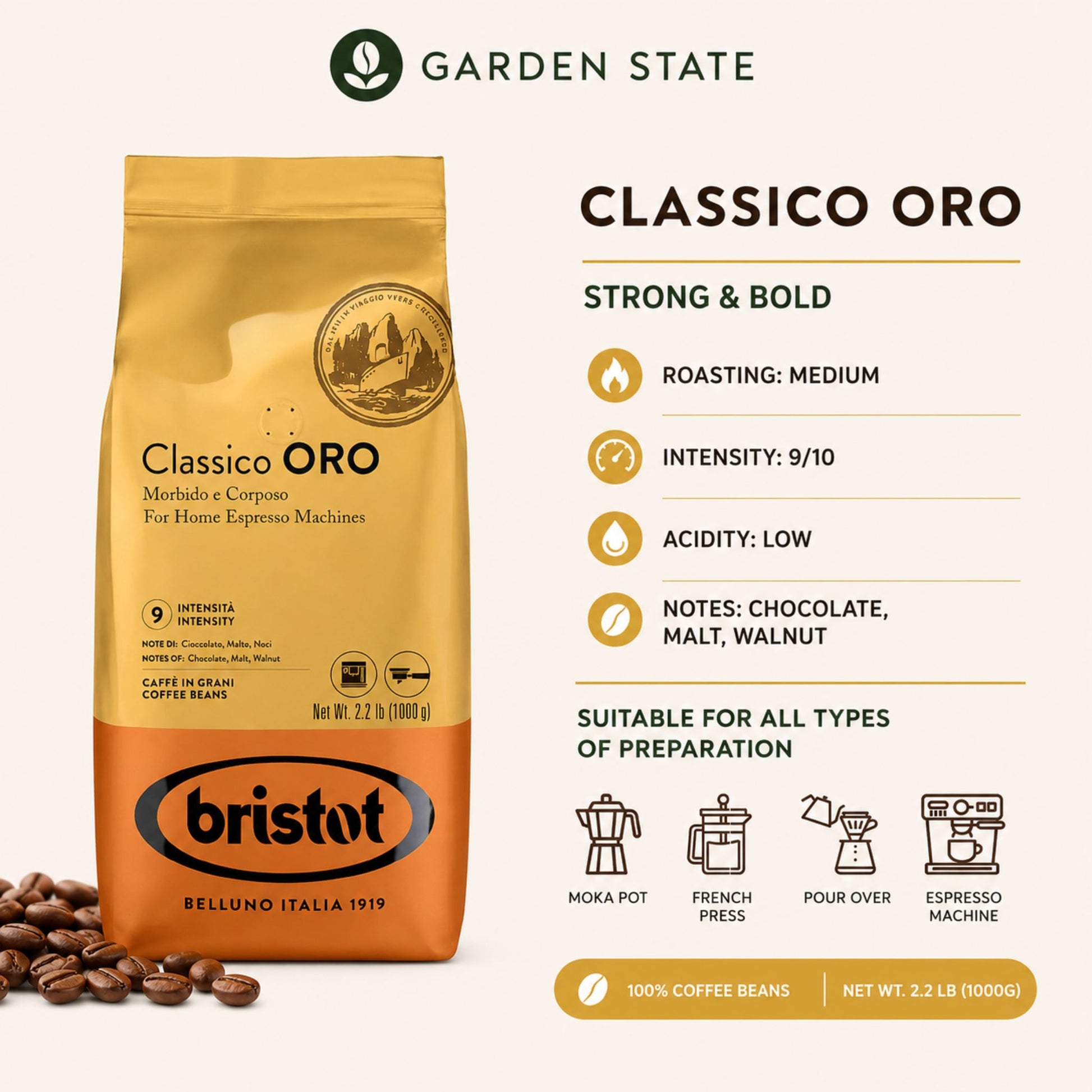 GardenState, Bristot Classico Oro 1kg coffee beans, medium roast with intensity 9 out of 10, blend of Arabica and Robusta, rich notes of chocolate, nuts, and caramel, ideal for espresso and milk coffees.