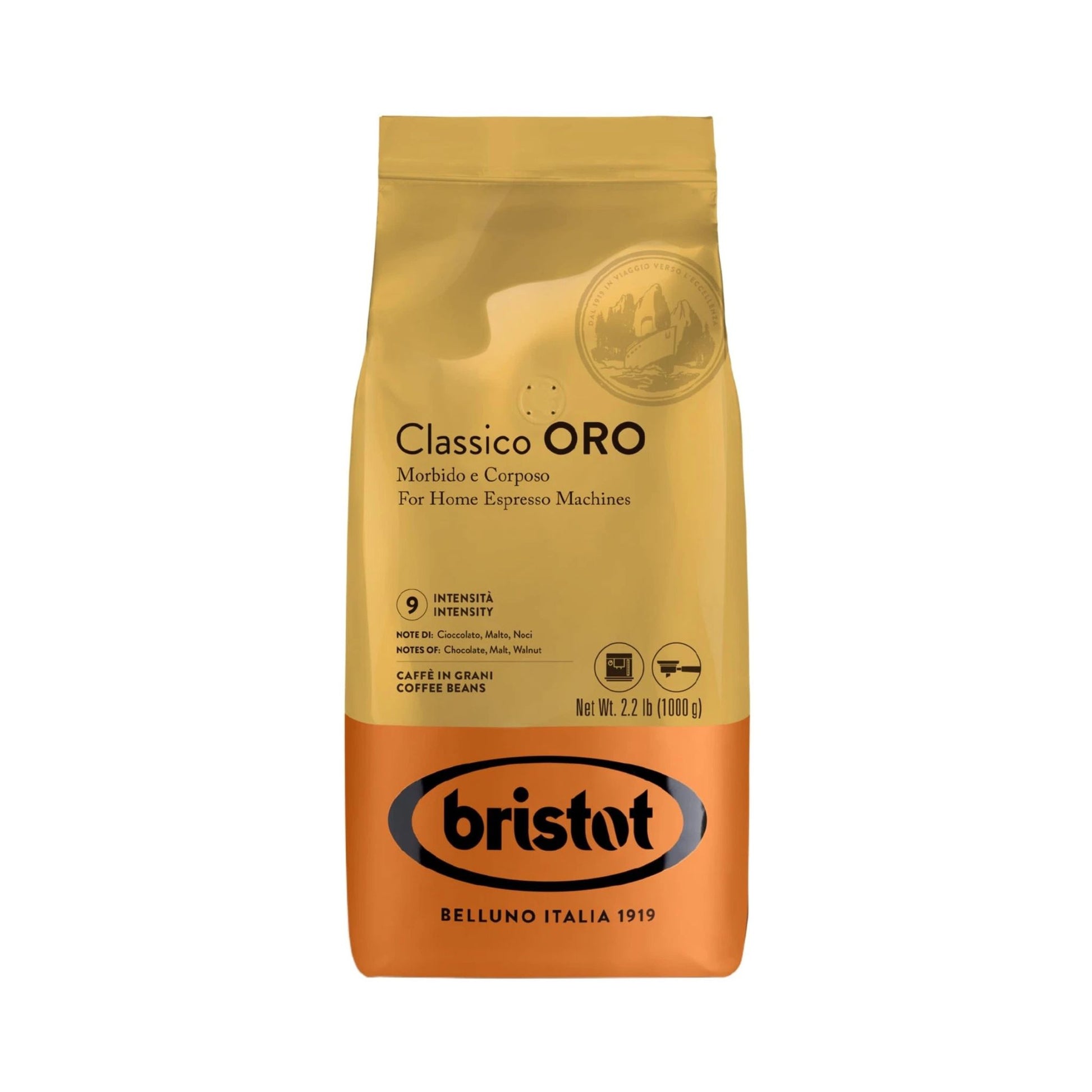 GardenState, Bristot Classico Oro 1kg coffee beans, medium roast with intensity 9 out of 10, blend of Arabica and Robusta, rich notes of chocolate, nuts, and caramel, ideal for espresso and milk coffees.