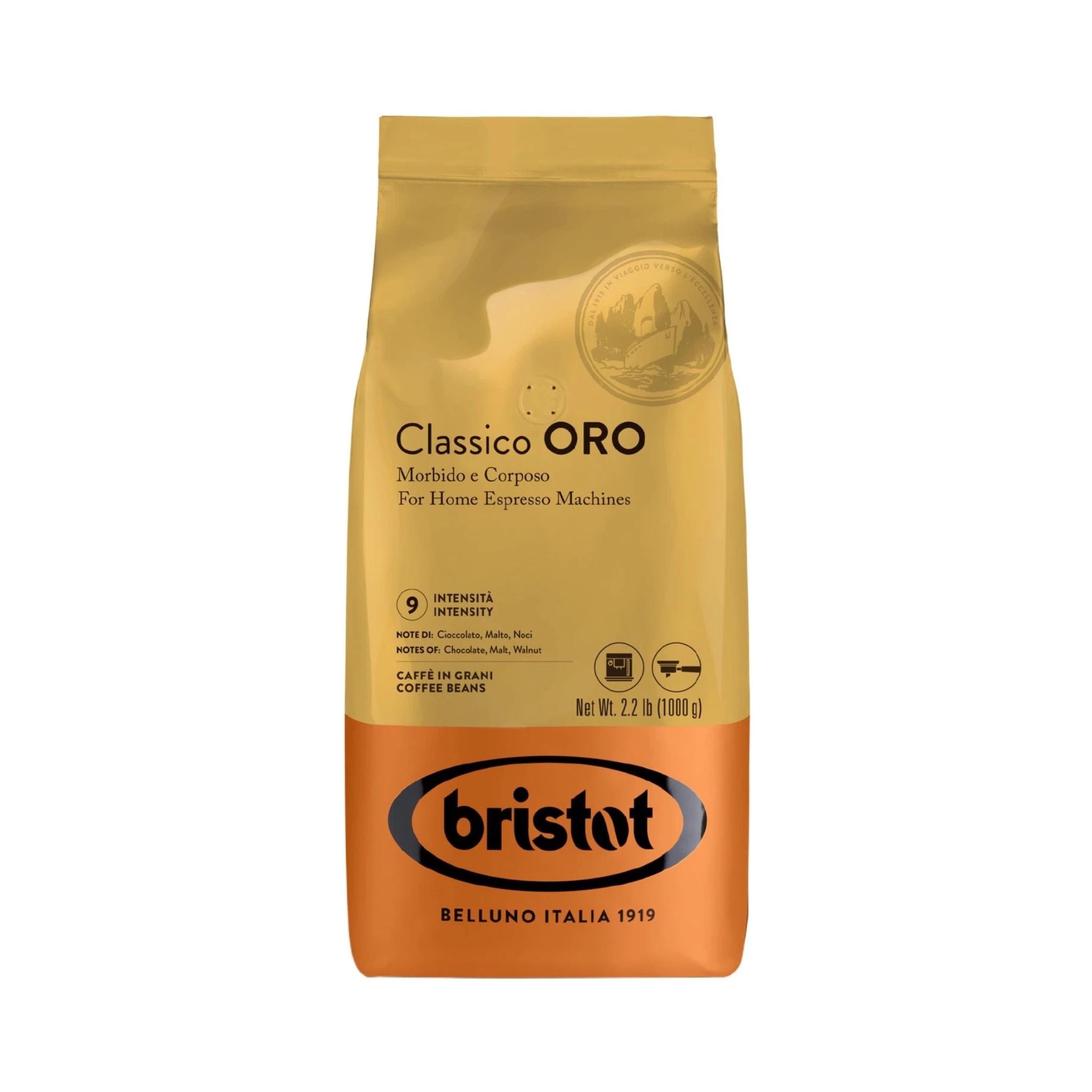GardenState, Bristot Classico Oro 1kg coffee beans, medium roast with intensity 9 out of 10, blend of Arabica and Robusta, rich notes of chocolate, nuts, and caramel, ideal for espresso and milk coffees.