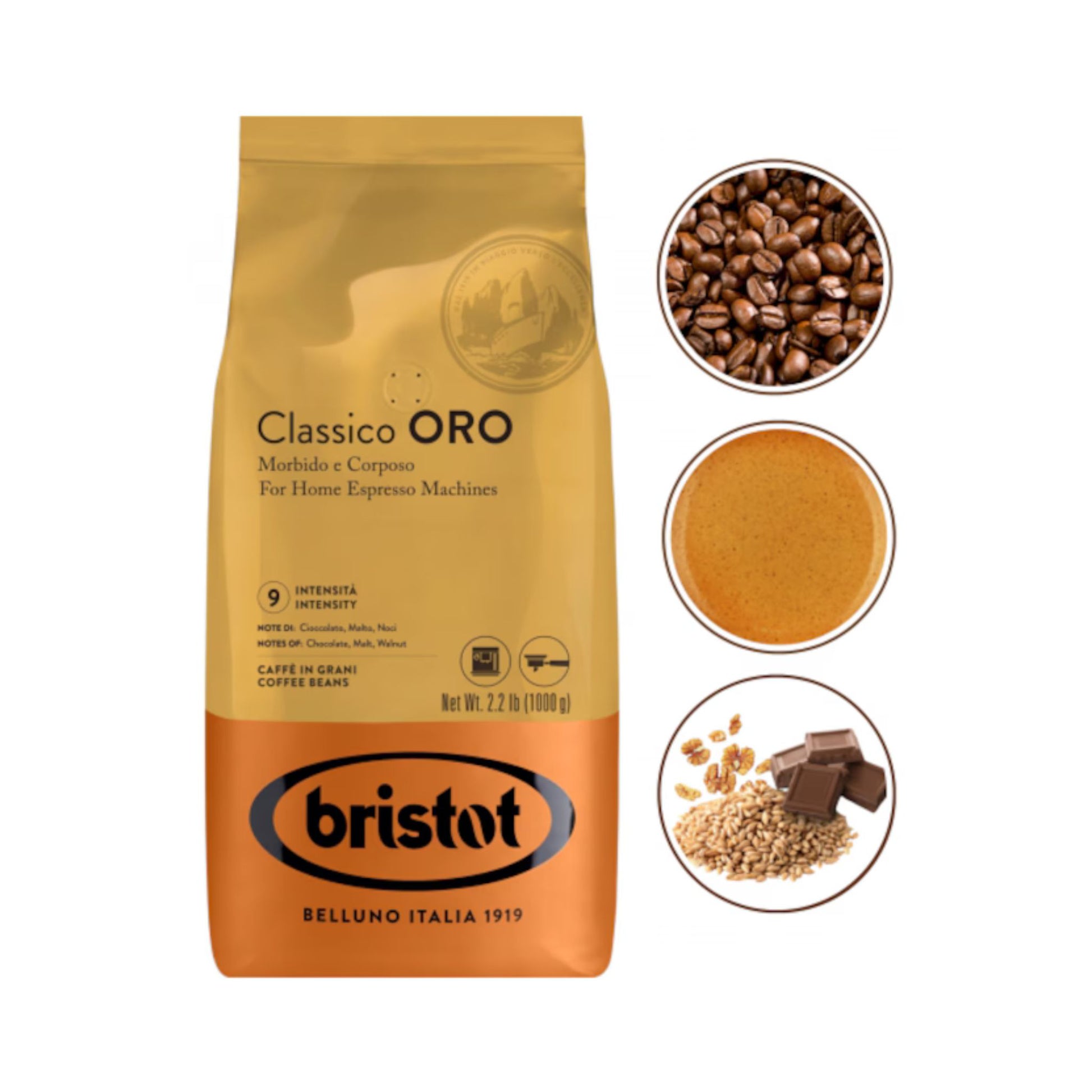 GardenState, Bristot Classico Oro 1kg coffee beans, medium roast with intensity 9 out of 10, blend of Arabica and Robusta, rich notes of chocolate, nuts, and caramel, ideal for espresso and milk coffees.