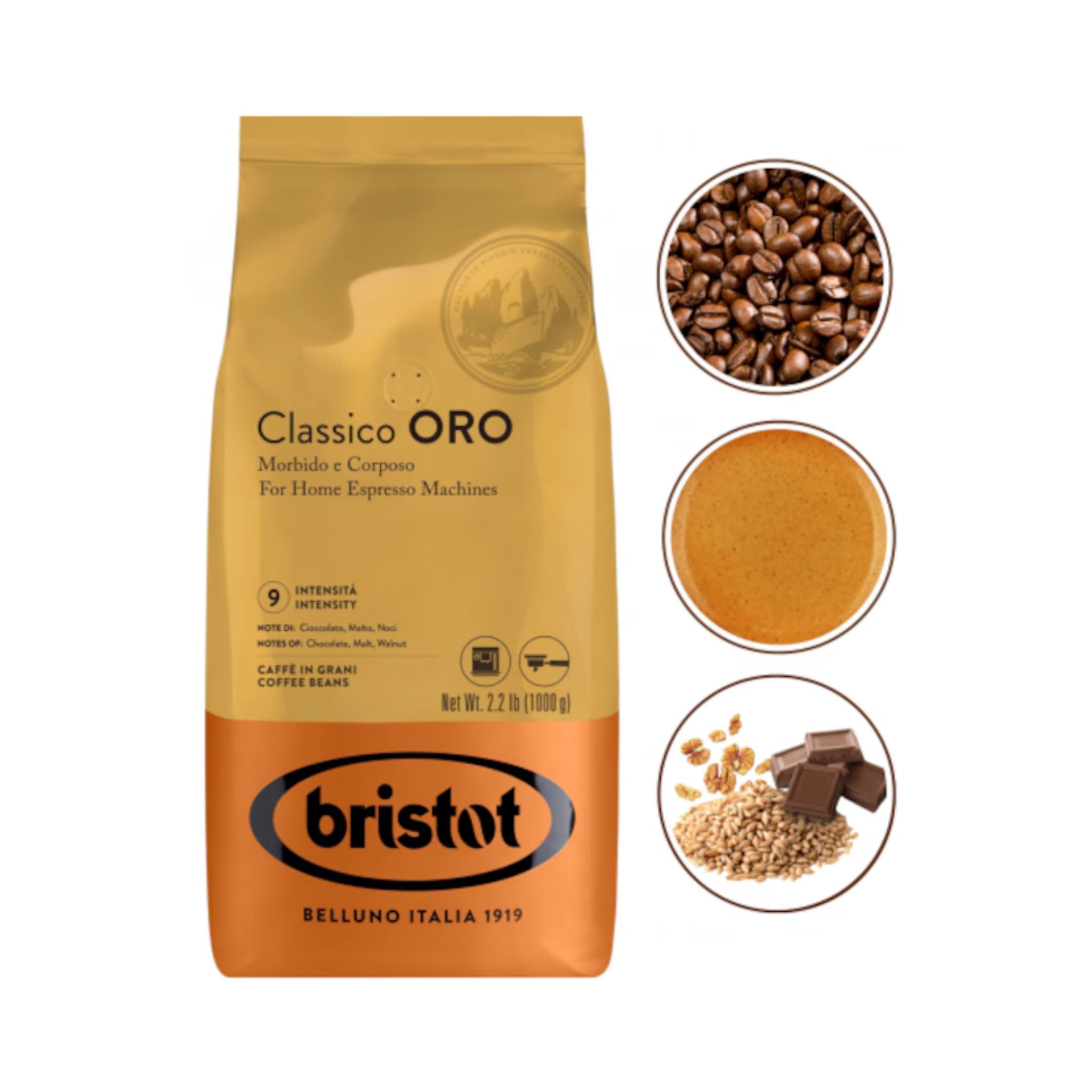 GardenState, Bristot Classico Oro 1kg coffee beans, medium roast with intensity 9 out of 10, blend of Arabica and Robusta, rich notes of chocolate, nuts, and caramel, ideal for espresso and milk coffees.
