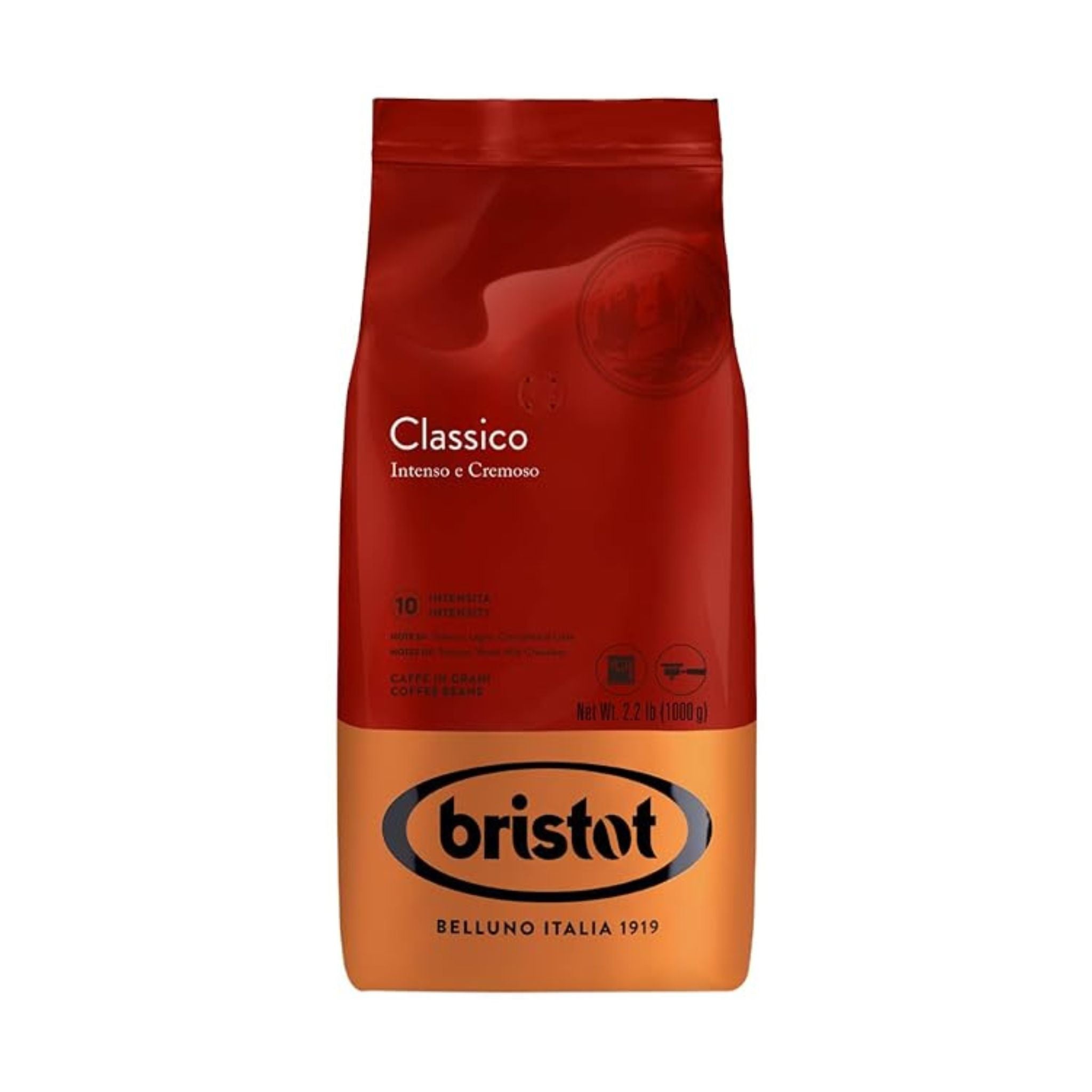 GardenState, Bristot Classico Intenso E Cremoso – 1KG of whole coffee beans, featuring a medium roast blend of Arabica and Robusta. Offers bold, full-bodied flavor with notes of tobacco, wood, and milk chocolate. Ideal for espresso. Roasted in Italy.