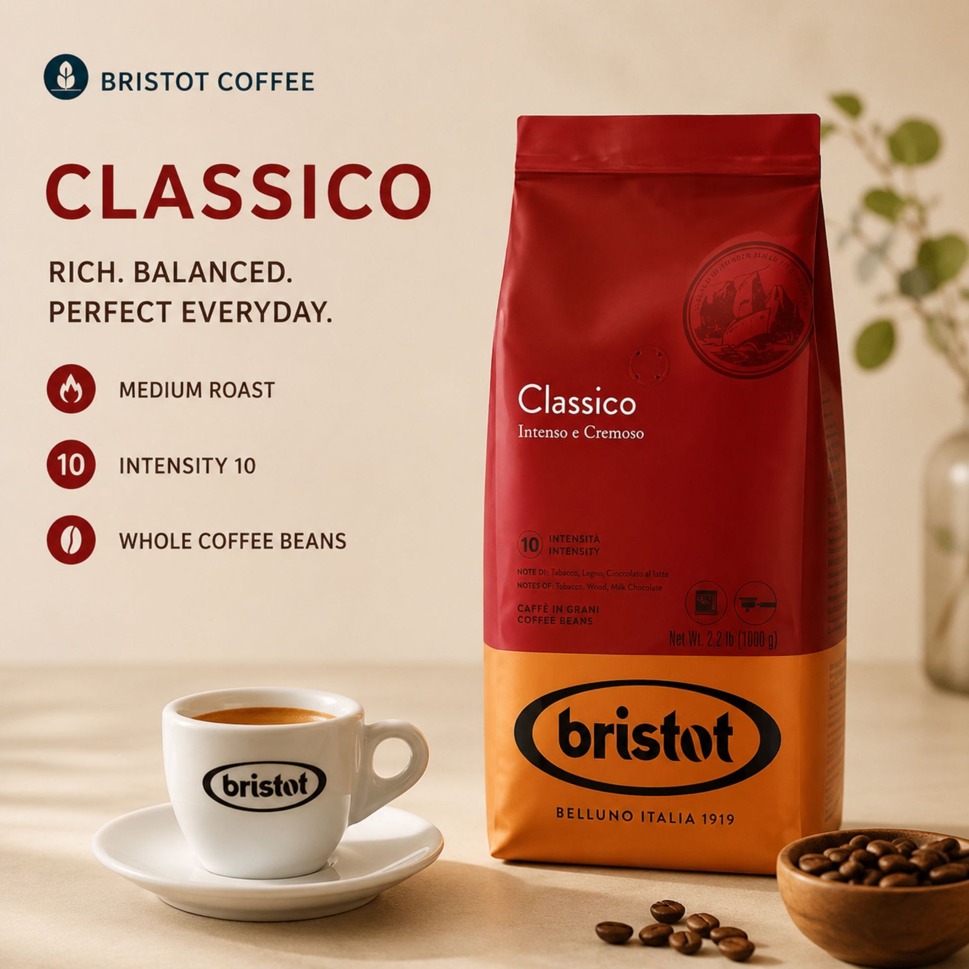 GardenState, Bristot Classico Intenso E Cremoso – 1KG of whole coffee beans, featuring a medium roast blend of Arabica and Robusta. Wholesale coffee supply Singapore.
