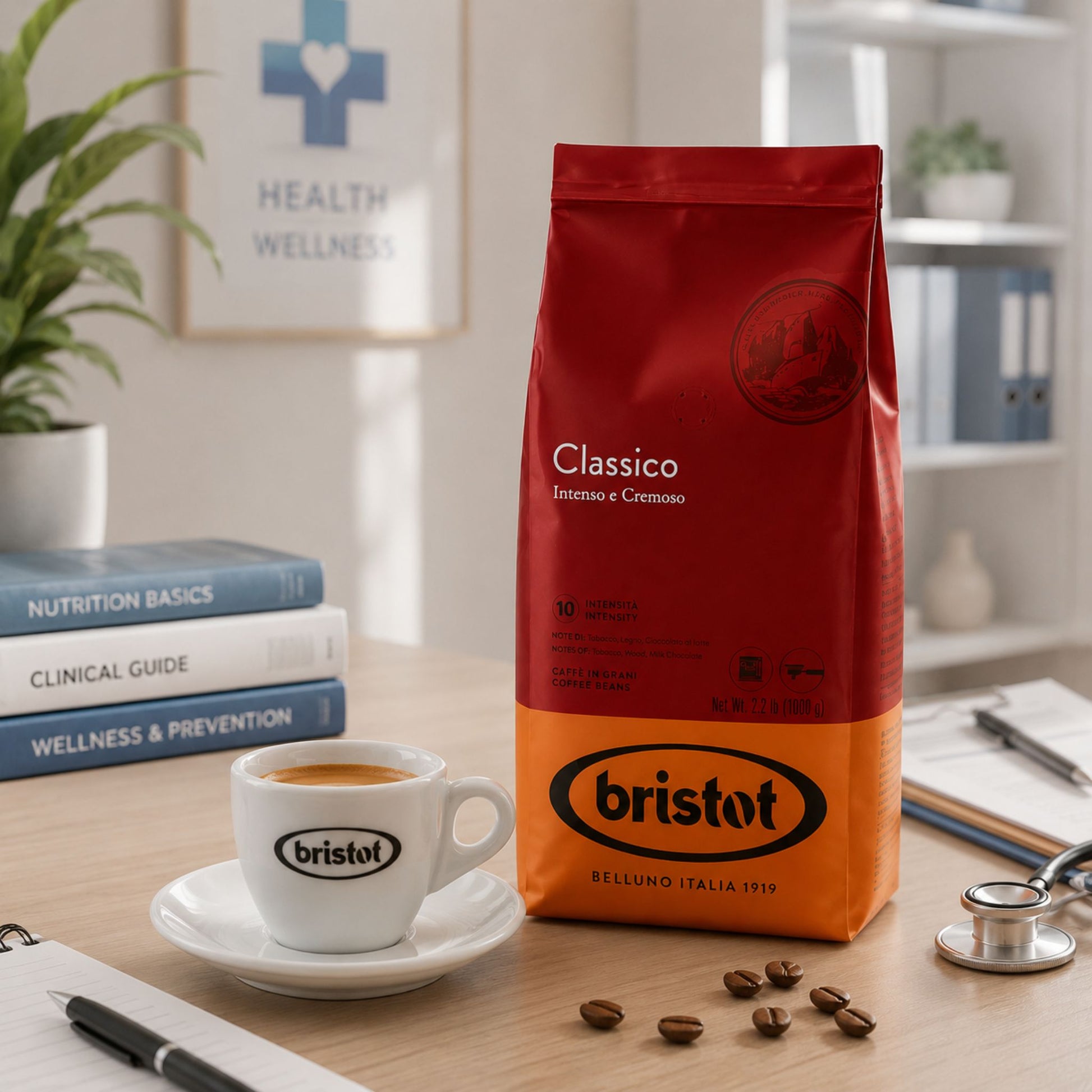 GardenState, Bristot Classico Intenso E Cremoso – 1KG of whole coffee beans, featuring a medium roast blend of Arabica and Robusta. Wholesale coffee supply Singapore.