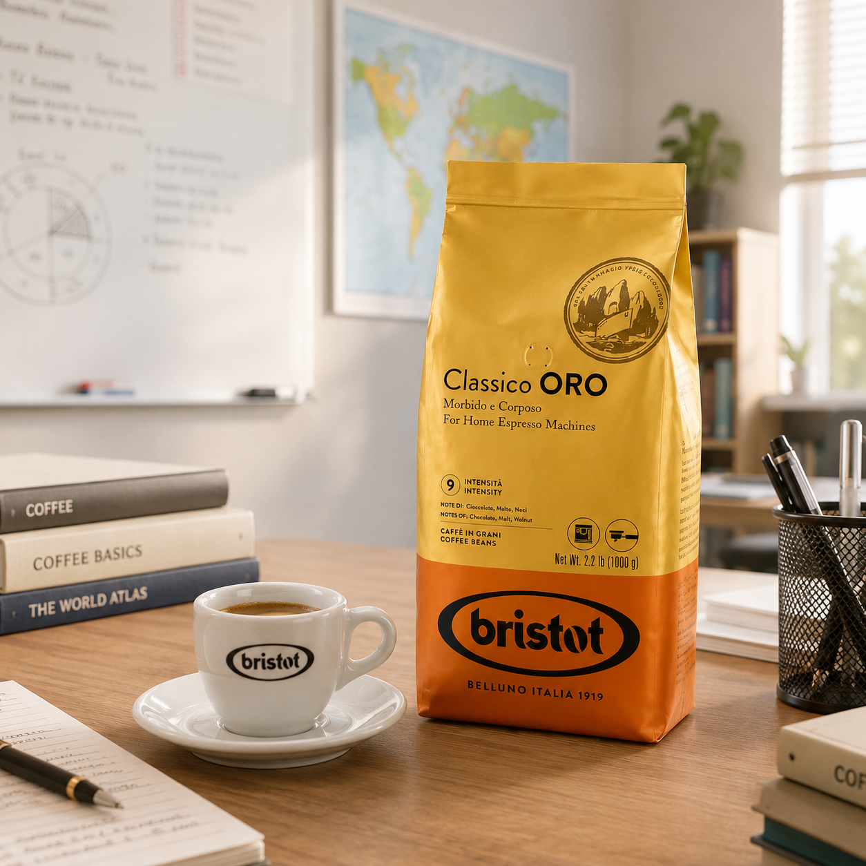GardenState, Bristot Classico Oro 1kg coffee beans, medium roast with intensity 9 out of 10, blend of Arabica and Robusta, rich notes of chocolate, nuts, and caramel, ideal for espresso and milk coffees.