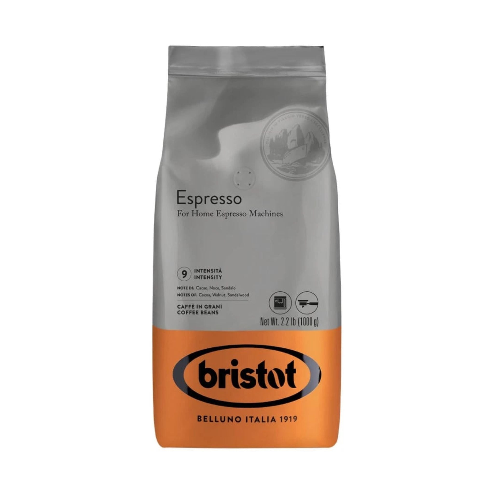 GardenState, Bristot Espresso for Home Espresso Machines – 1KG whole coffee beans with a medium roast, 50% Arabica & 50% Robusta blend. Offers a creamy texture, strong aroma, and notes of cocoa, walnut, and sandalwood. Roasted in Italy.
