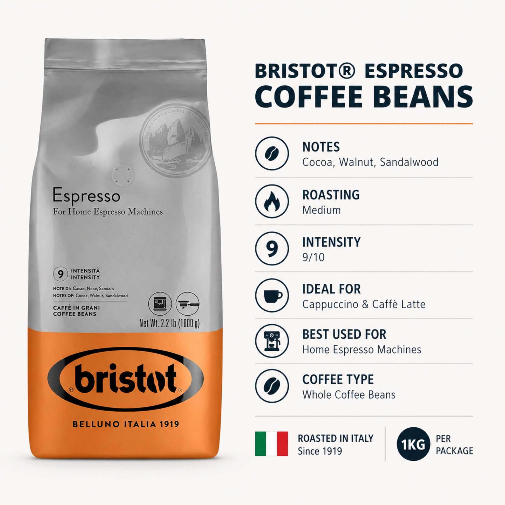 GardenState, Bristot Espresso for Home Espresso Machines – 1KG whole coffee beans with a medium roast, 50% Arabica & 50% Robusta blend. Offers a creamy texture, strong aroma, and notes of cocoa, walnut, and sandalwood. Roasted in Italy.