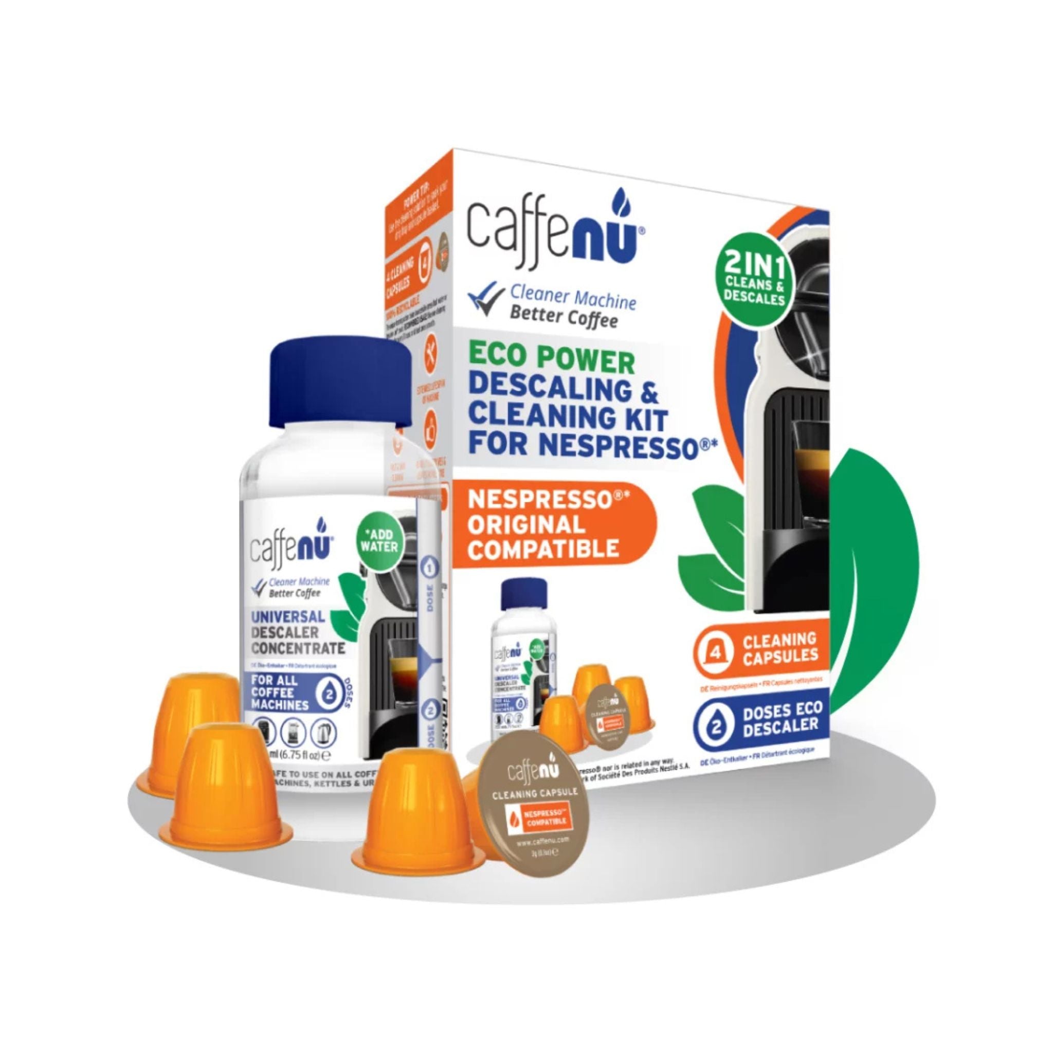 Caffenu descaling and cleaning kit for Nespresso Original machines—citric-acid descaler and foaming cleaning capsules remove limescale and coffee oils to improve taste, crema, and machine performance.