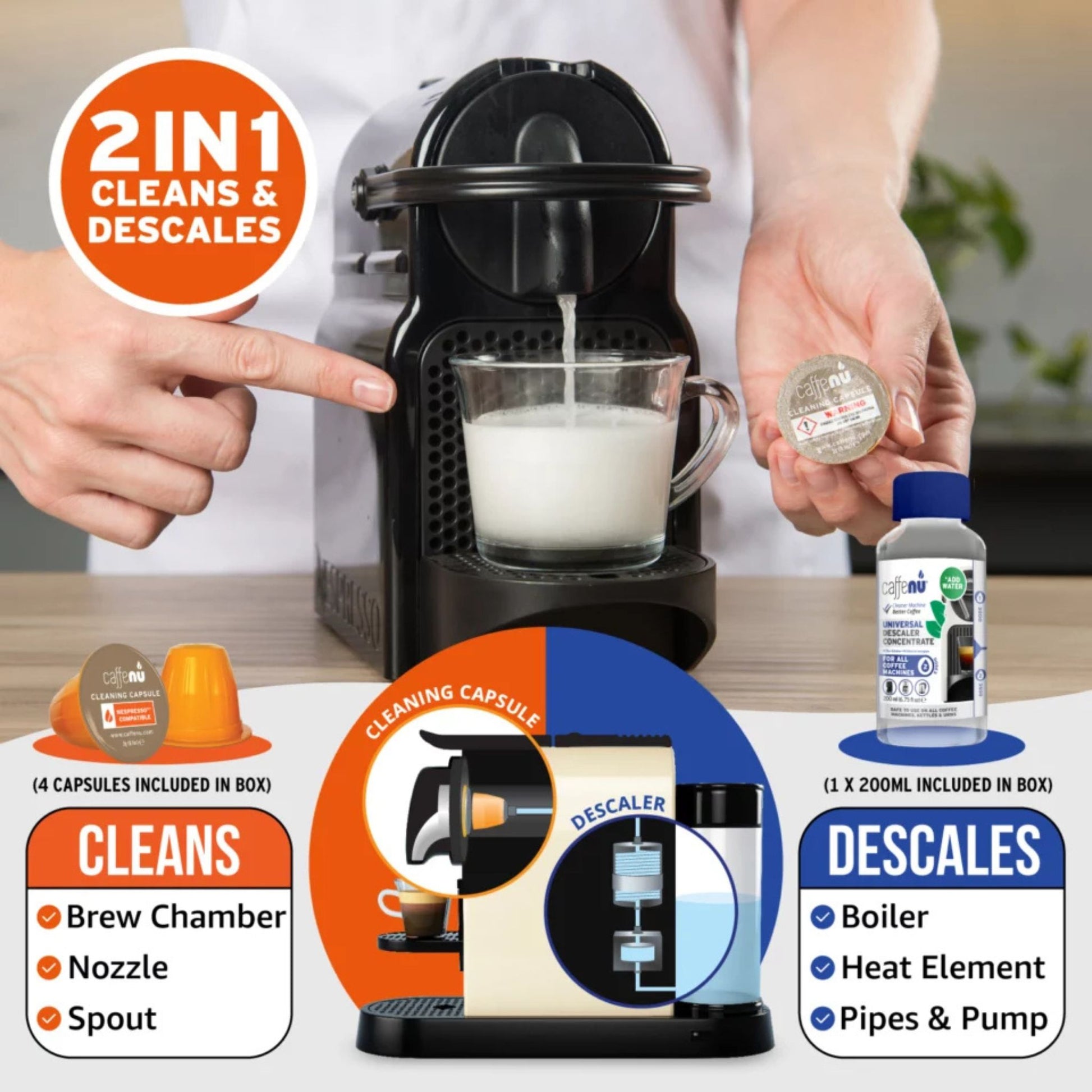 Caffenu descaling and cleaning kit for Nespresso Original machines—citric-acid descaler and foaming cleaning capsules remove limescale and coffee oils to improve taste, crema, and machine performance.