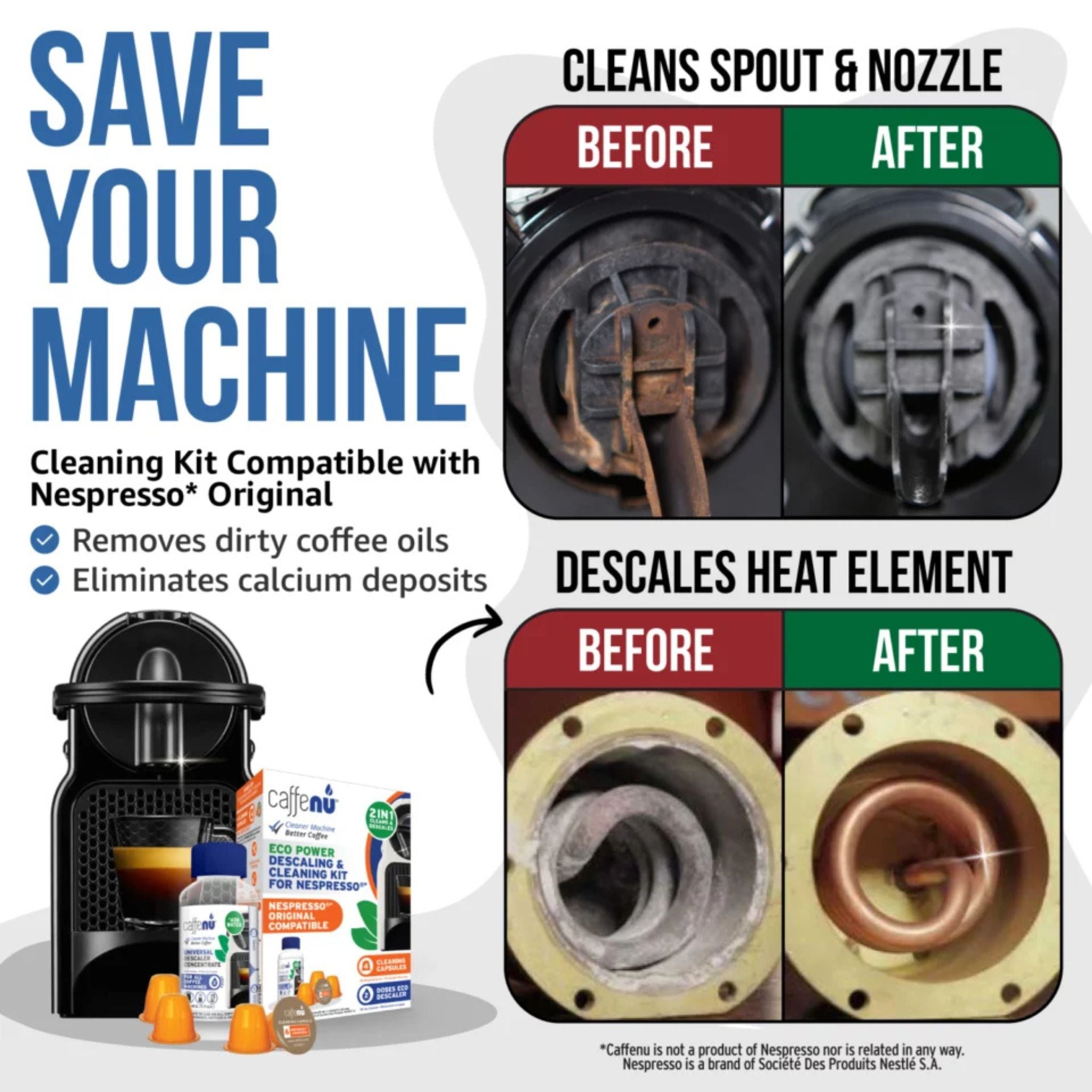 Caffenu descaling and cleaning kit for Nespresso Original machines—citric-acid descaler and foaming cleaning capsules remove limescale and coffee oils to improve taste, crema, and machine performance.