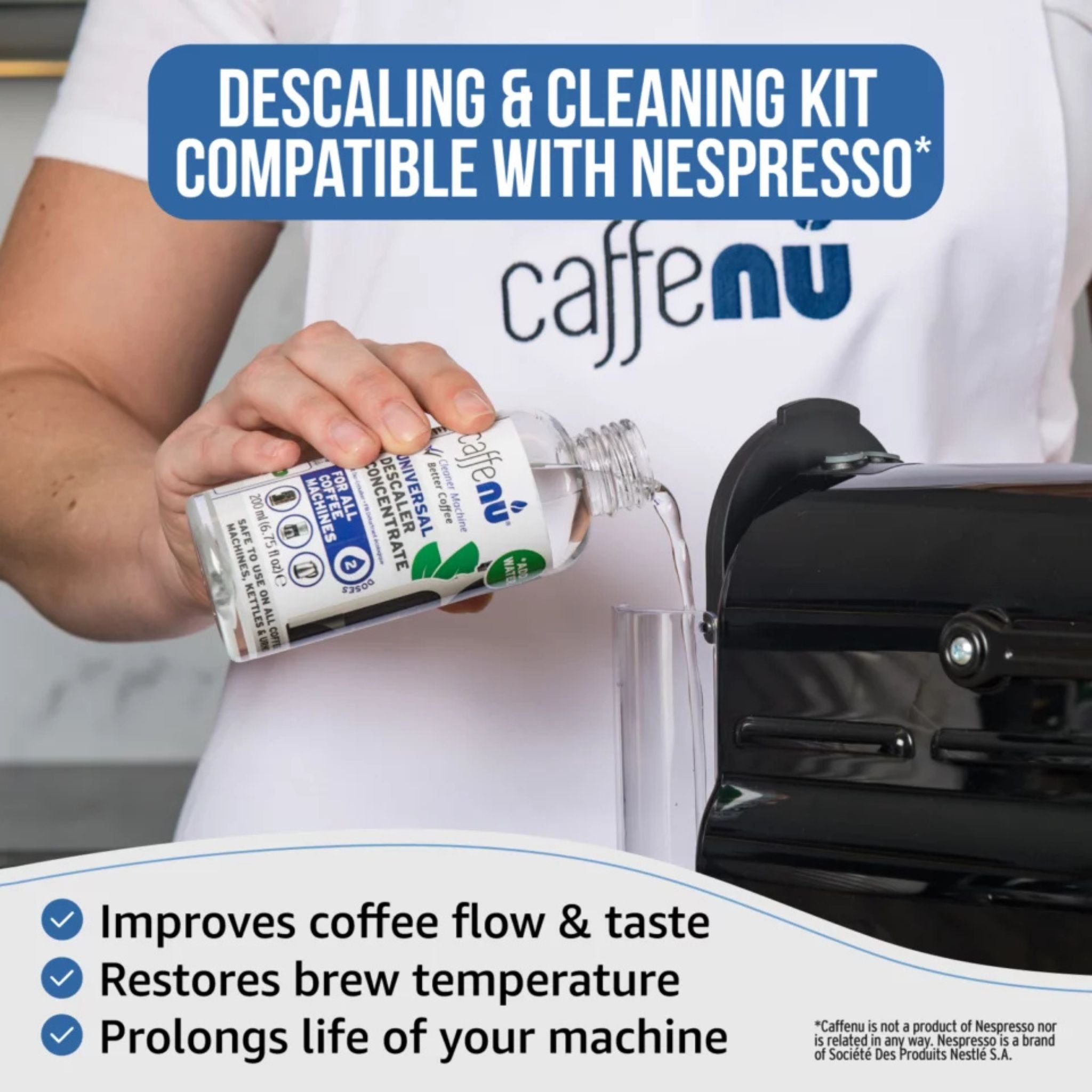 Caffenu descaling and cleaning kit for Nespresso Original machines—citric-acid descaler and foaming cleaning capsules remove limescale and coffee oils to improve taste, crema, and machine performance.
