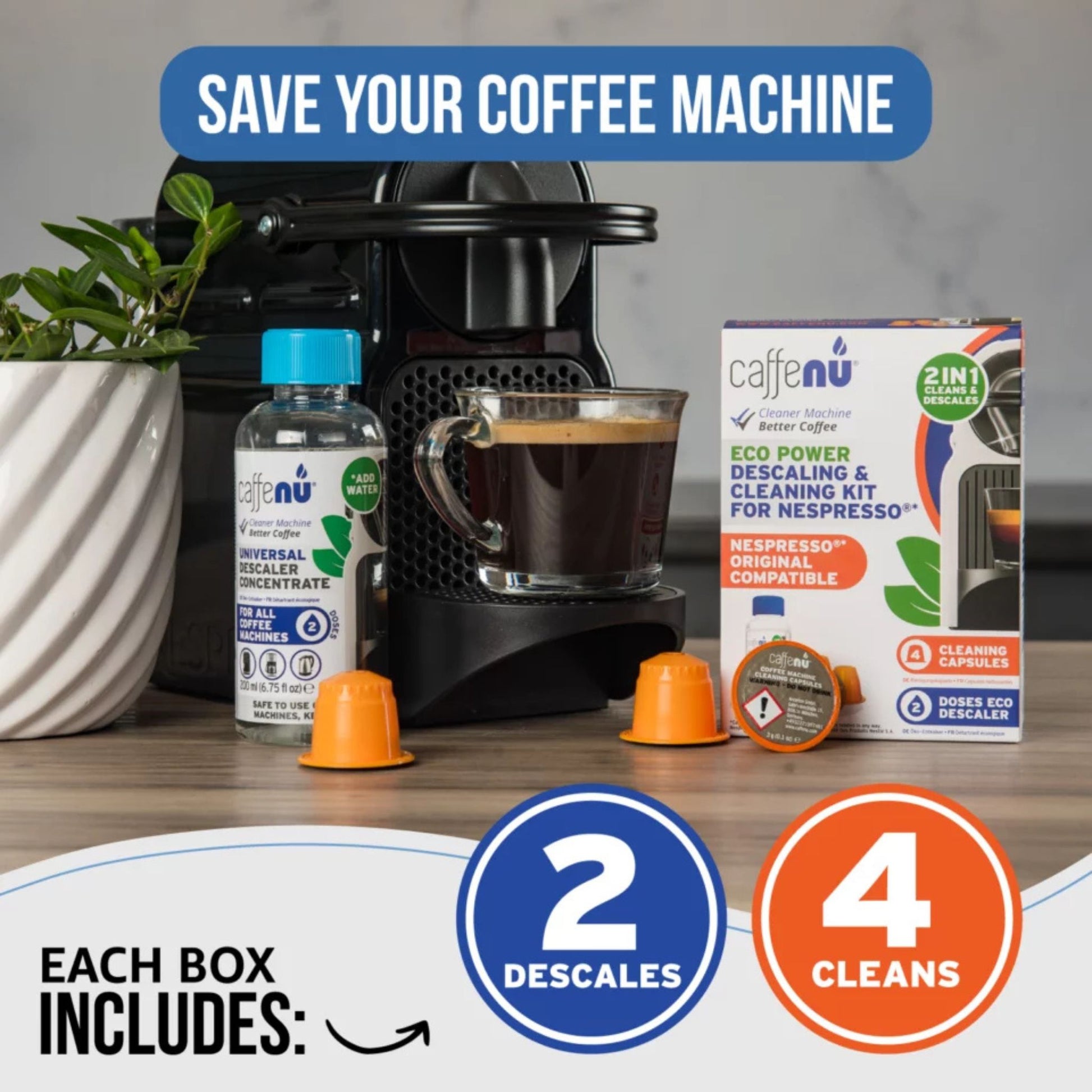 Caffenu descaling and cleaning kit for Nespresso Original machines—citric-acid descaler and foaming cleaning capsules remove limescale and coffee oils to improve taste, crema, and machine performance.