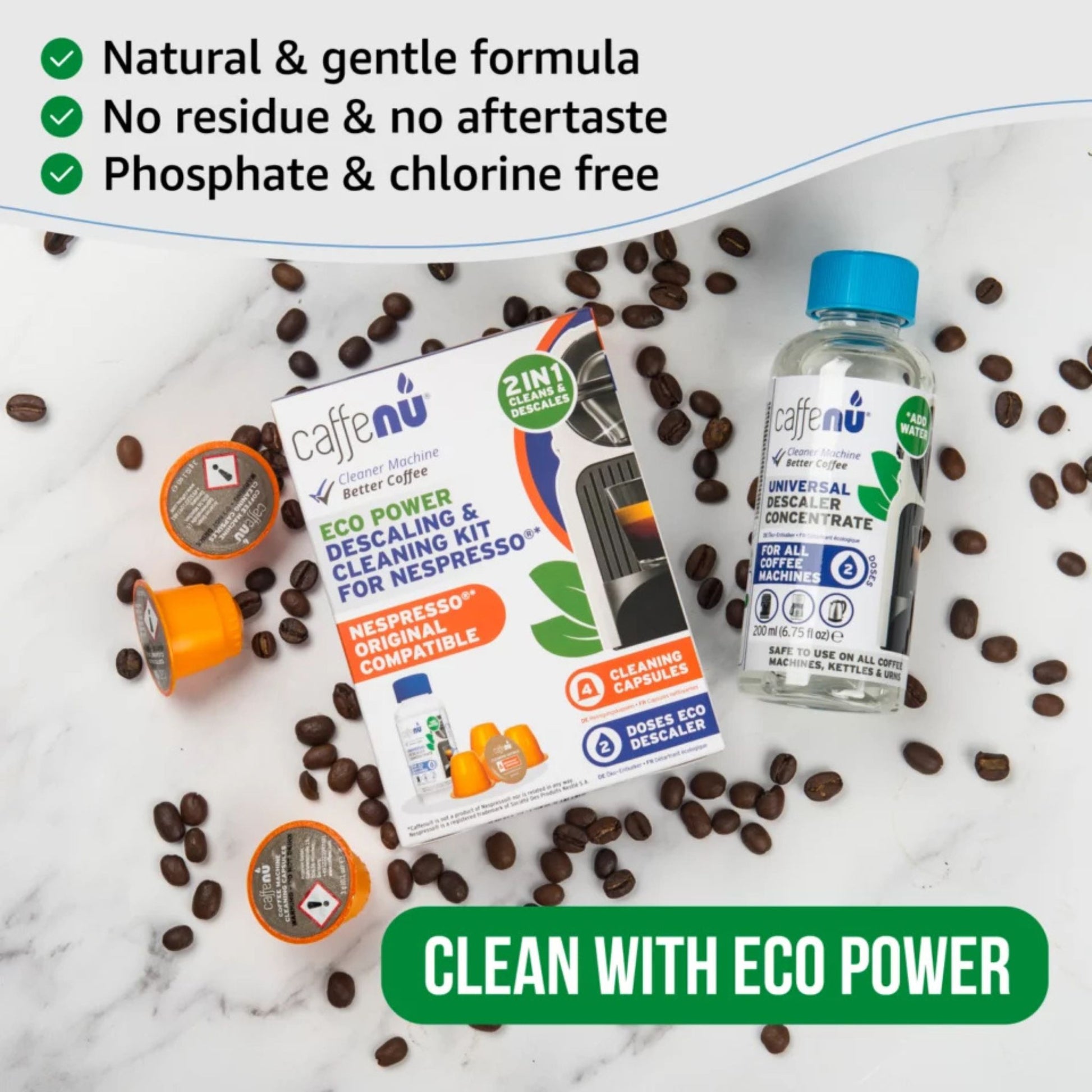 Caffenu descaling and cleaning kit for Nespresso Original machines—citric-acid descaler and foaming cleaning capsules remove limescale and coffee oils to improve taste, crema, and machine performance.