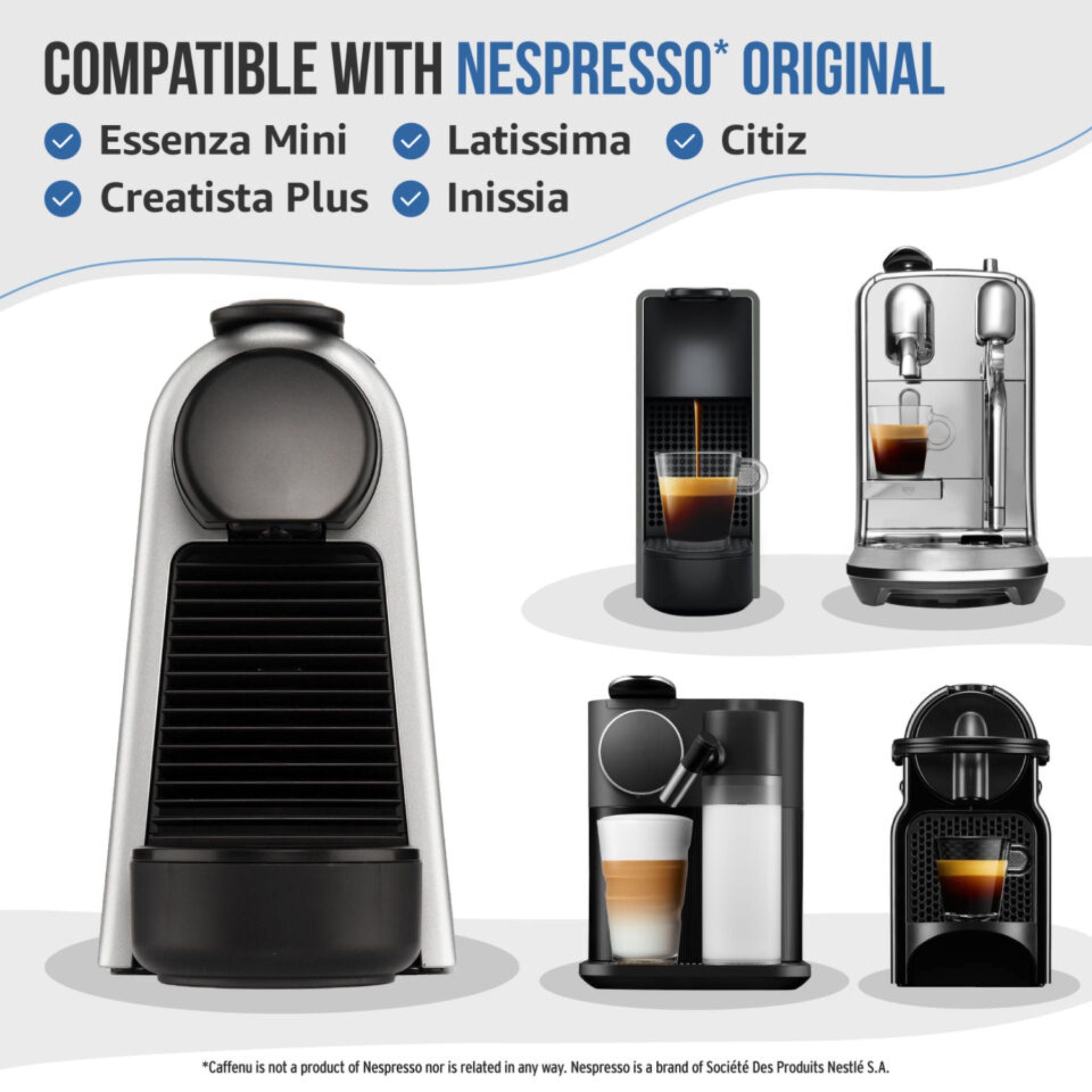 Caffenu descaling and cleaning kit for Nespresso Original machines—citric-acid descaler and foaming cleaning capsules remove limescale and coffee oils to improve taste, crema, and machine performance.