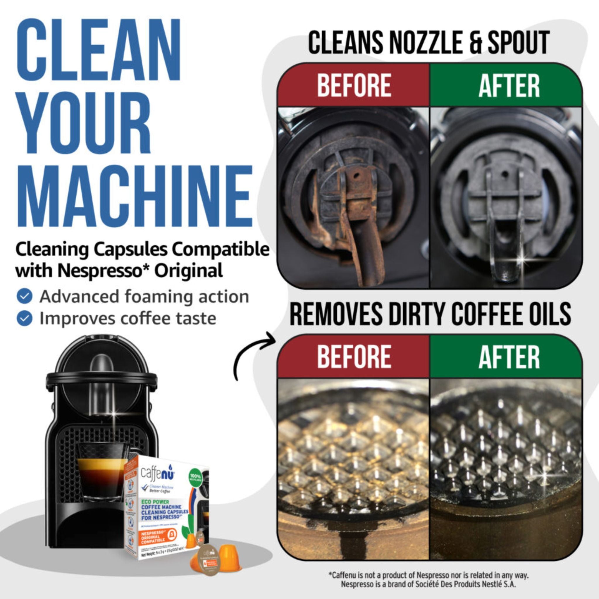 gardenstate Caffenu Cleaning Capsules for Nespresso Original, value pack of 10; foaming action cleans brew chamber and spout, removes coffee oils and residue, improves flow and flavour; odourless and recyclable.